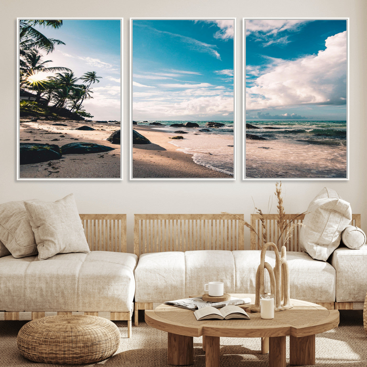 95301406-MGV-FC-60X30-3P_White-Tropical Beach Wall Art Canvas Print – Framed Ocean Waves Relaxing Seascape Coastal Nature Scene Artwork for Home Office