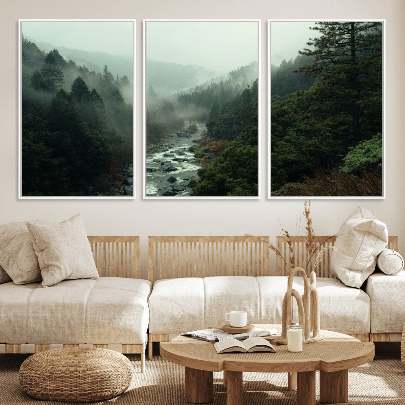 48497565-MGV-FC-60X30-3P_White-Misty Forest Wall Art Canvas Print – Framed Foggy River Moody Landscape Wilderness Nature Scene Artwork for Home Office