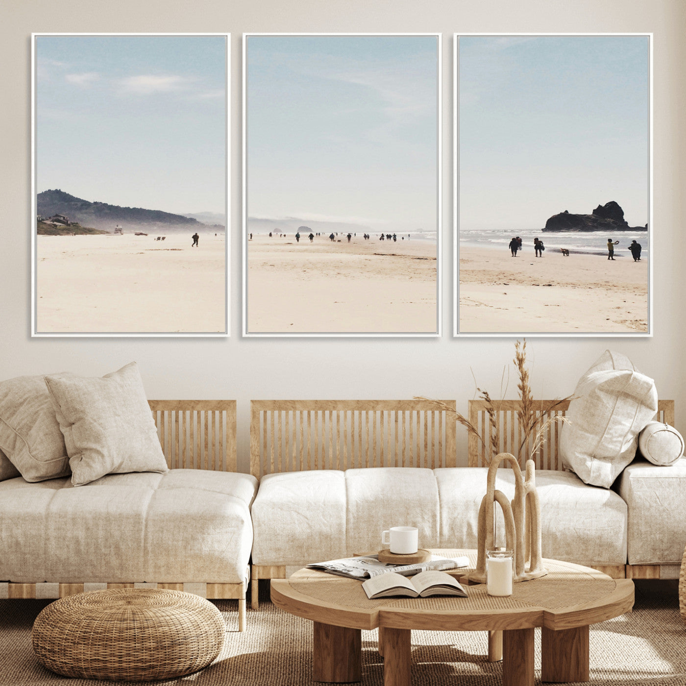 28307820-MGV-FC-60X30-3P_White-Minimalist Beach Wall Art Canvas Print – Framed Coastal Serenity Soft Sand Nature Scene Artwork for Home Office