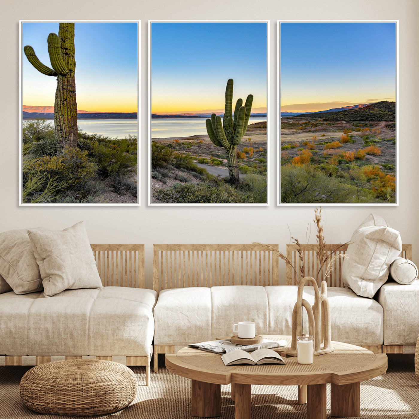 52844711-MGV-FC-60X30-3P_White-Saguaro Cactus Wall Art Canvas Print – Framed Desert Sunset Southwestern Nature Scene Artwork for Home Office