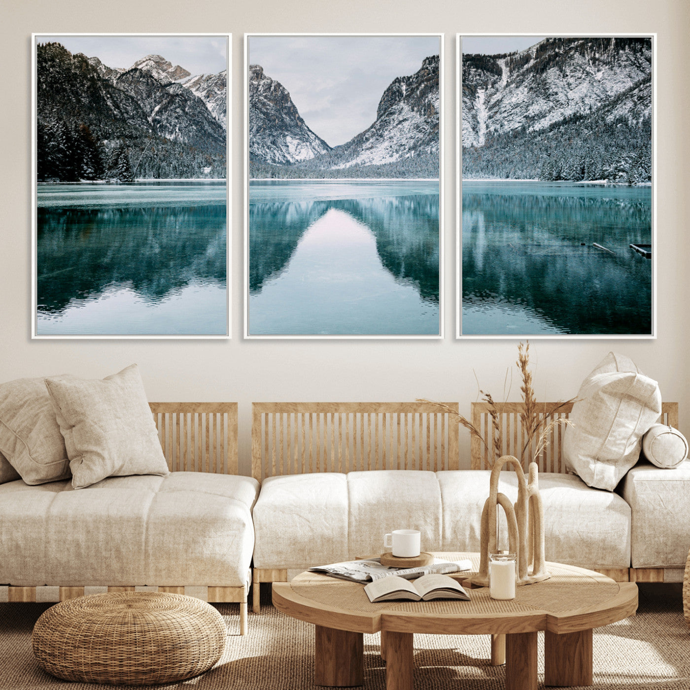 73098373-MGV-FC-60X30-3P_White-Mountain Lake Wall Art Canvas Print – Framed Snowy Peaks Wonderland Nature Scene Artwork for Home Office