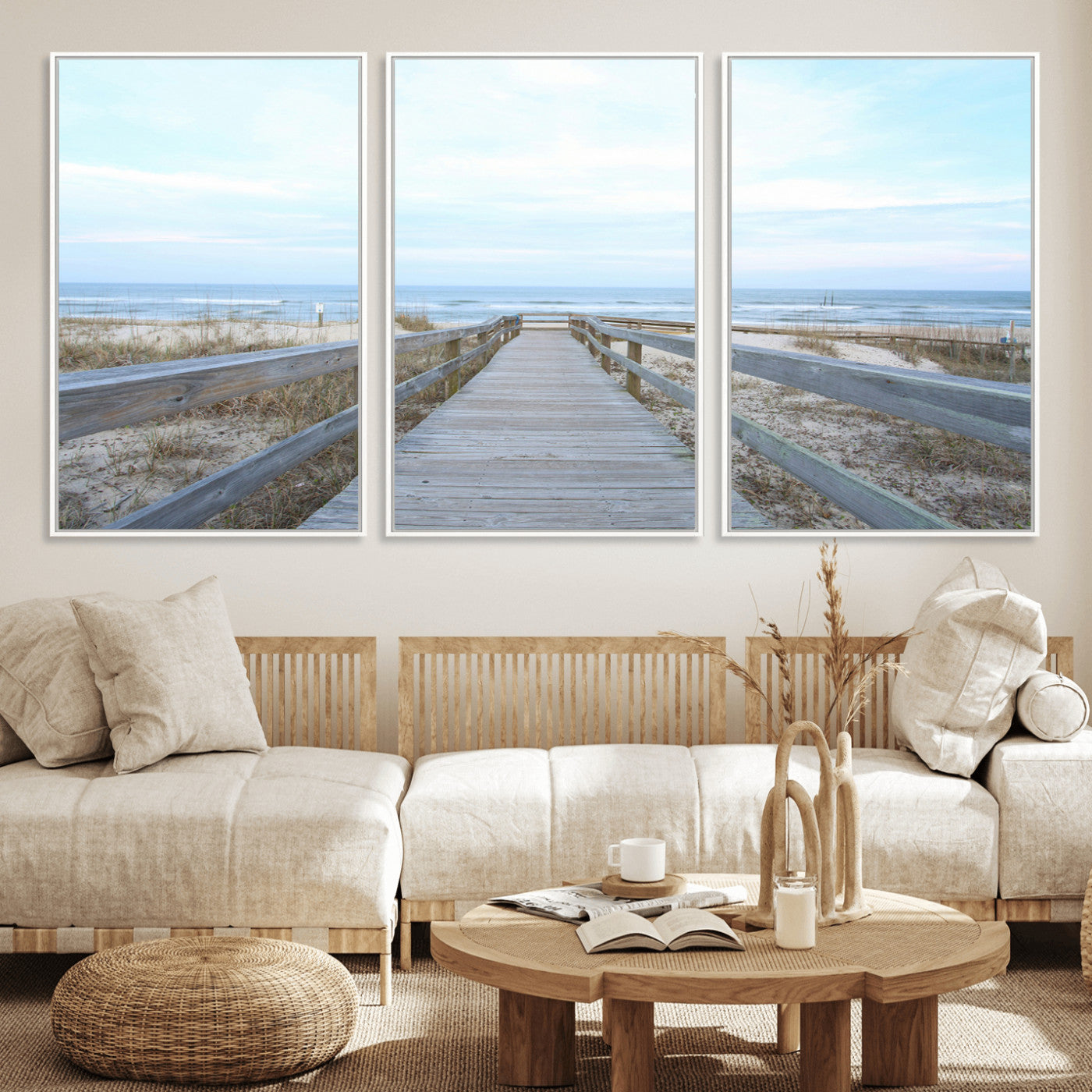 31602988-MGV-FC-60X30-3P_White-Beach Boardwalk Wall Art Canvas Print – Framed Coastal Serenity Ocean View Nature Scene Artwork for Home Office