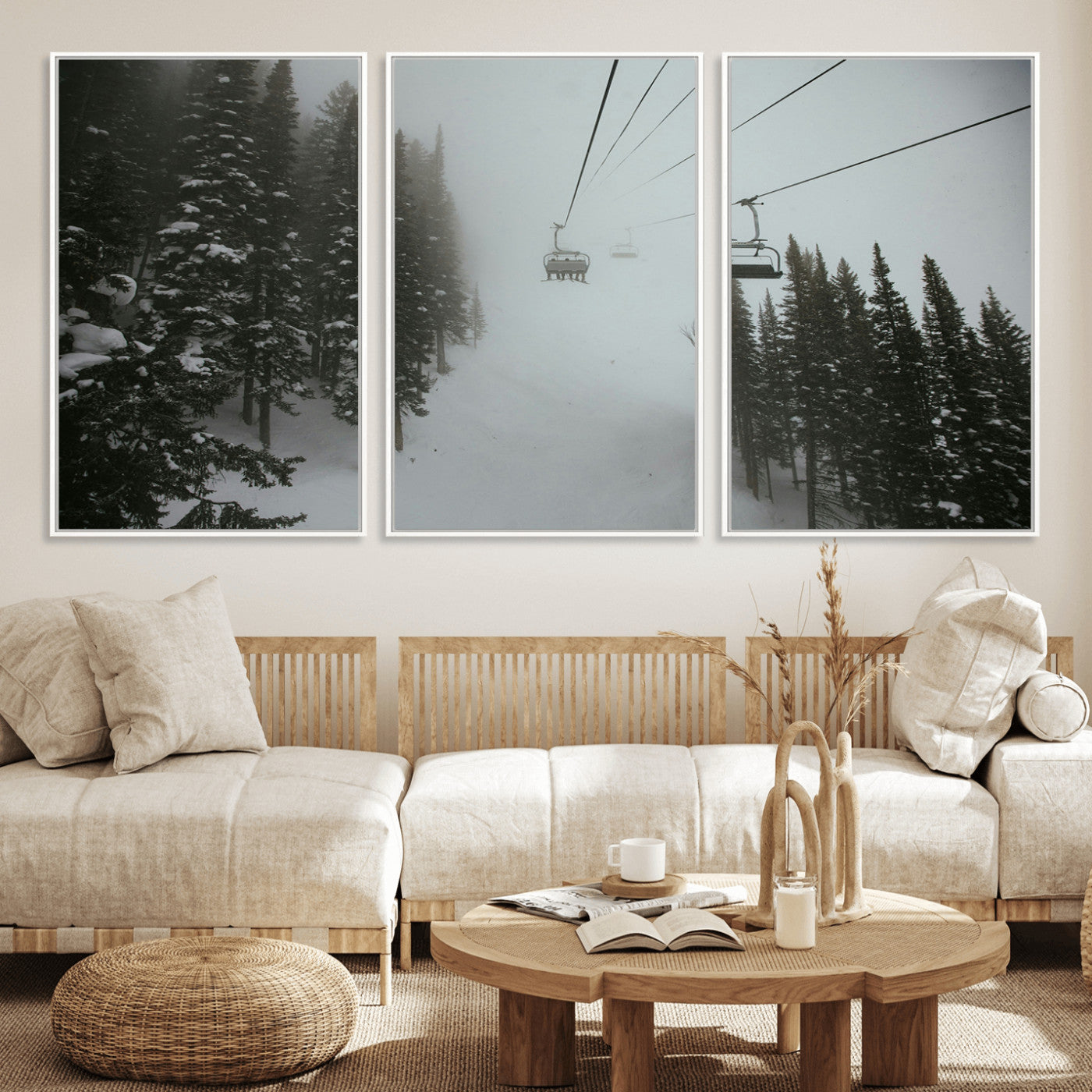 87018452-MGV-FC-60X30-3P_White-Ski Lift Wall Art Canvas Print – Snowy Pines Misty Landscape Winter Serenity Artwork for Home, Office Decor