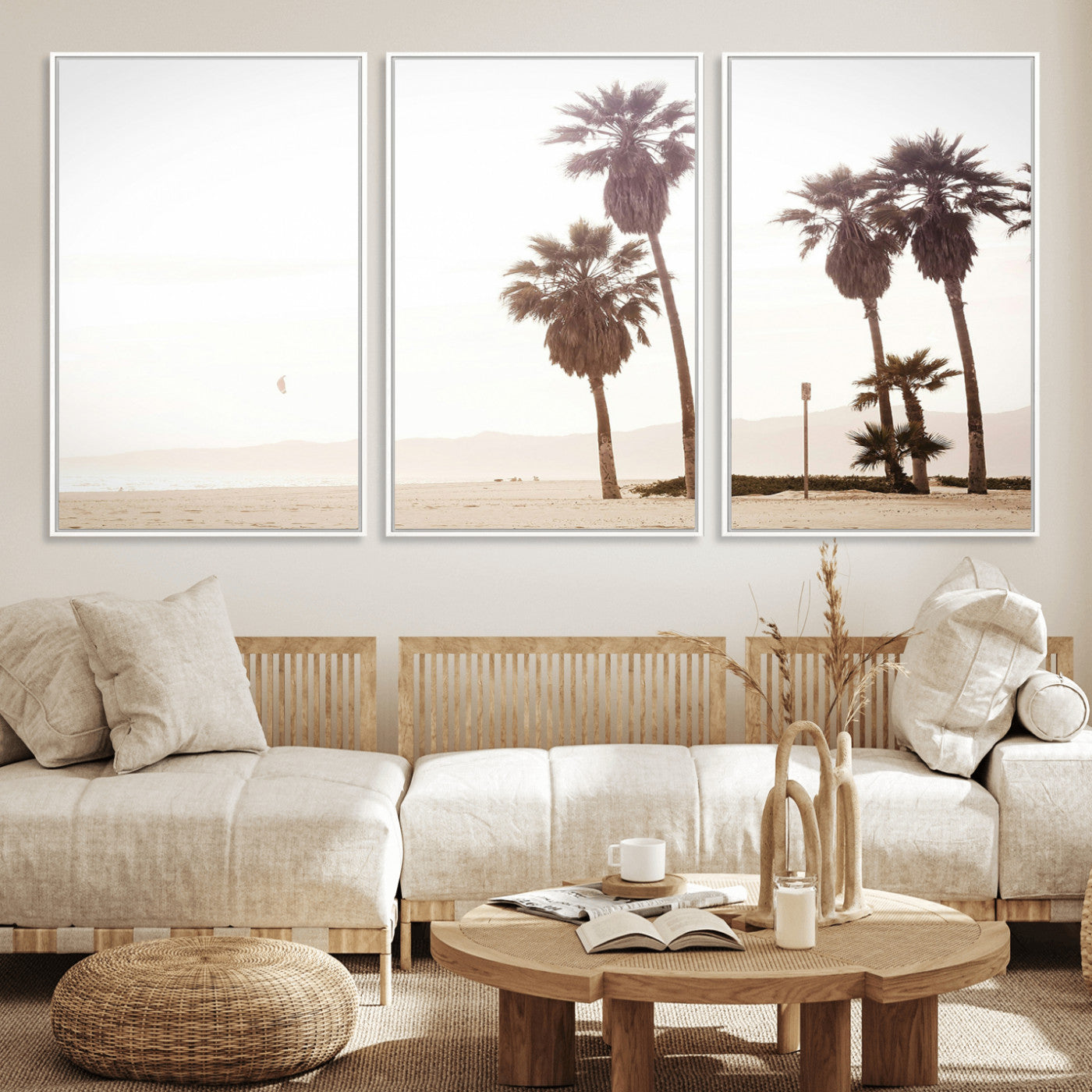 48255923-MGV-FC-60X30-3P_White-Coastal Light Wall Art Canvas Print – Relaxing Shoreline Minimalist Ocean Tropical Serenity Artwork for Home, Office