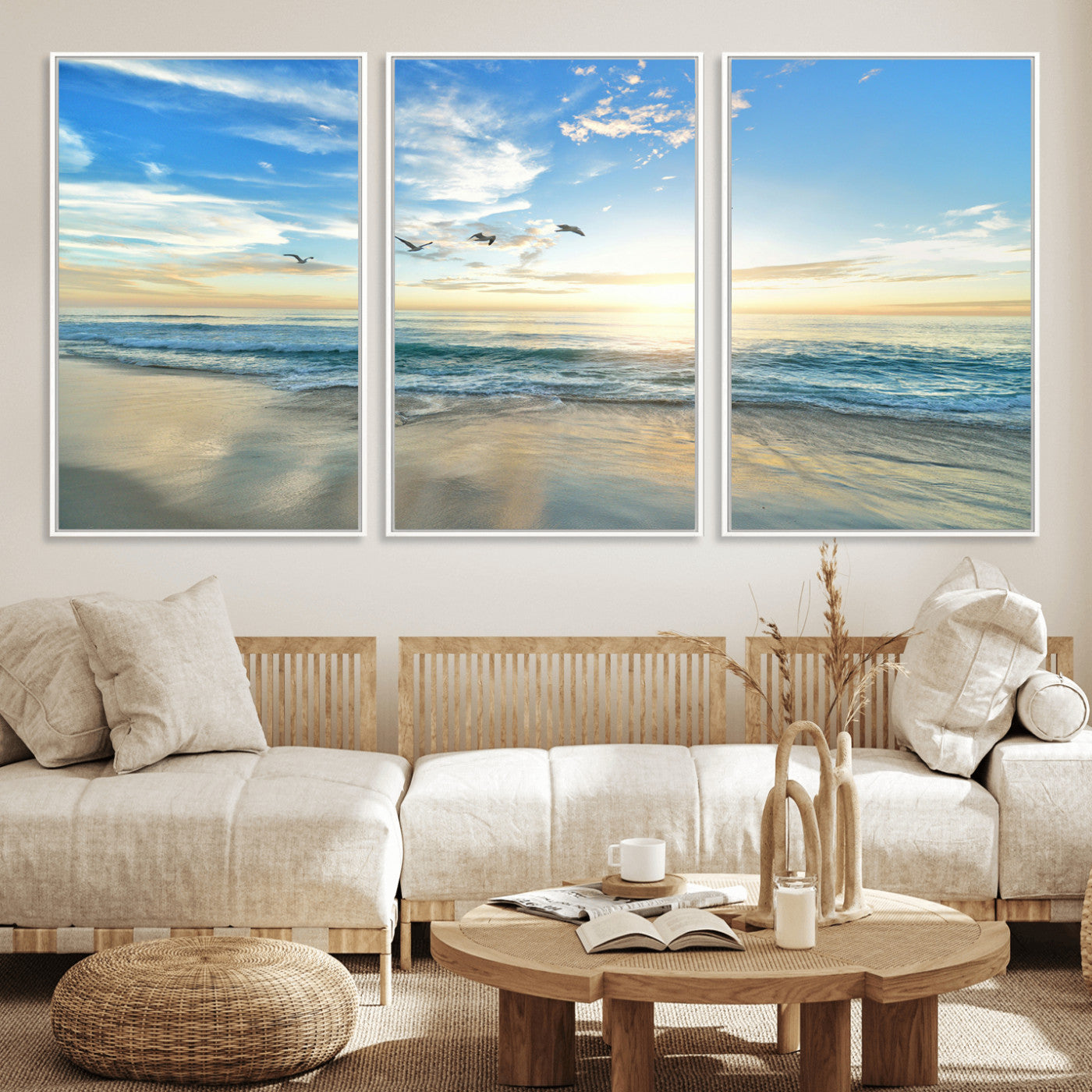 20708696-MGV-FC-60X30-3P_White-Minimalist Seaside Wall Art Canvas Print – Morning Glow Golden Reflections Coastal Nature Artwork for Home, Office
