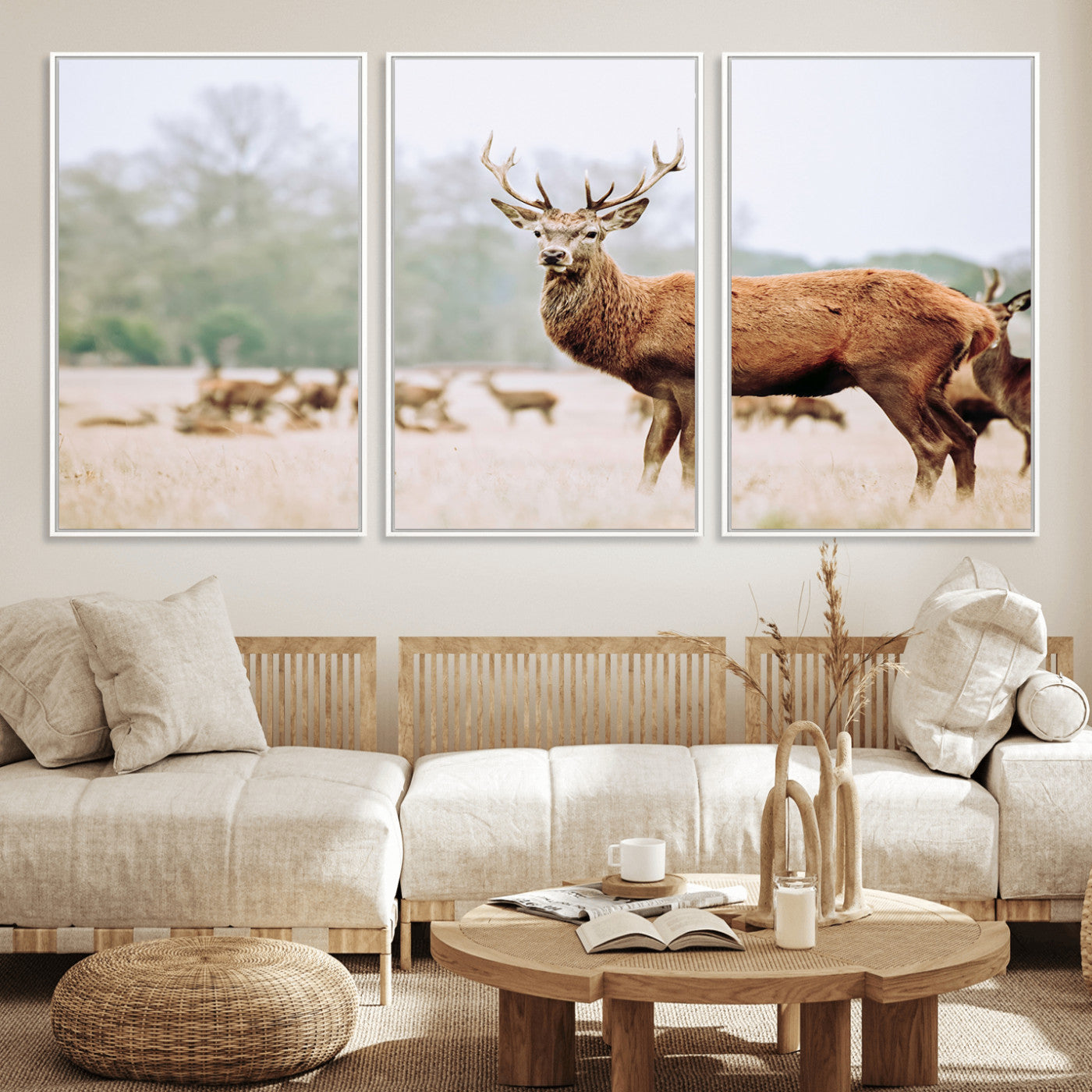 53240224-MGV-CV-36X24-Rustic Deer Wall Art Canvas Print – Forest Woodland Stag Nordic Animal Scenic Nature Artwork for Home, Cabin