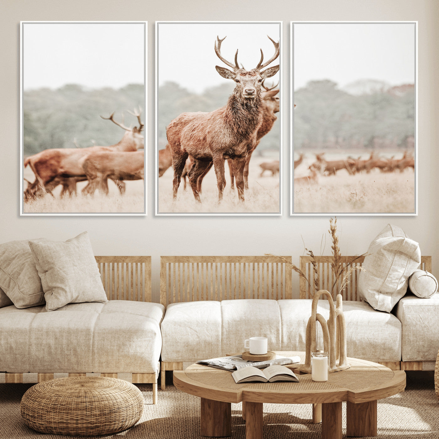 17659786-MGV-FC-60X30-3P_White-Rustic Nature Wall Art Canvas Print – Stag Woodland Framed Wildlife Art Picture Print Perfect Lodge Decor