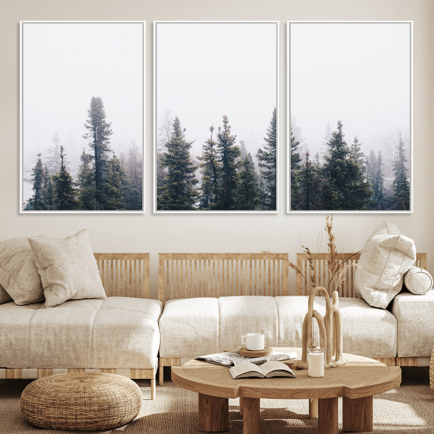 42364796-MGV-FC-60X30-3P_White-Foggy Forest Wall Art Canvas Print – Framed Misty Pines Moody Woodland Nature Scene Artwork for Home Office