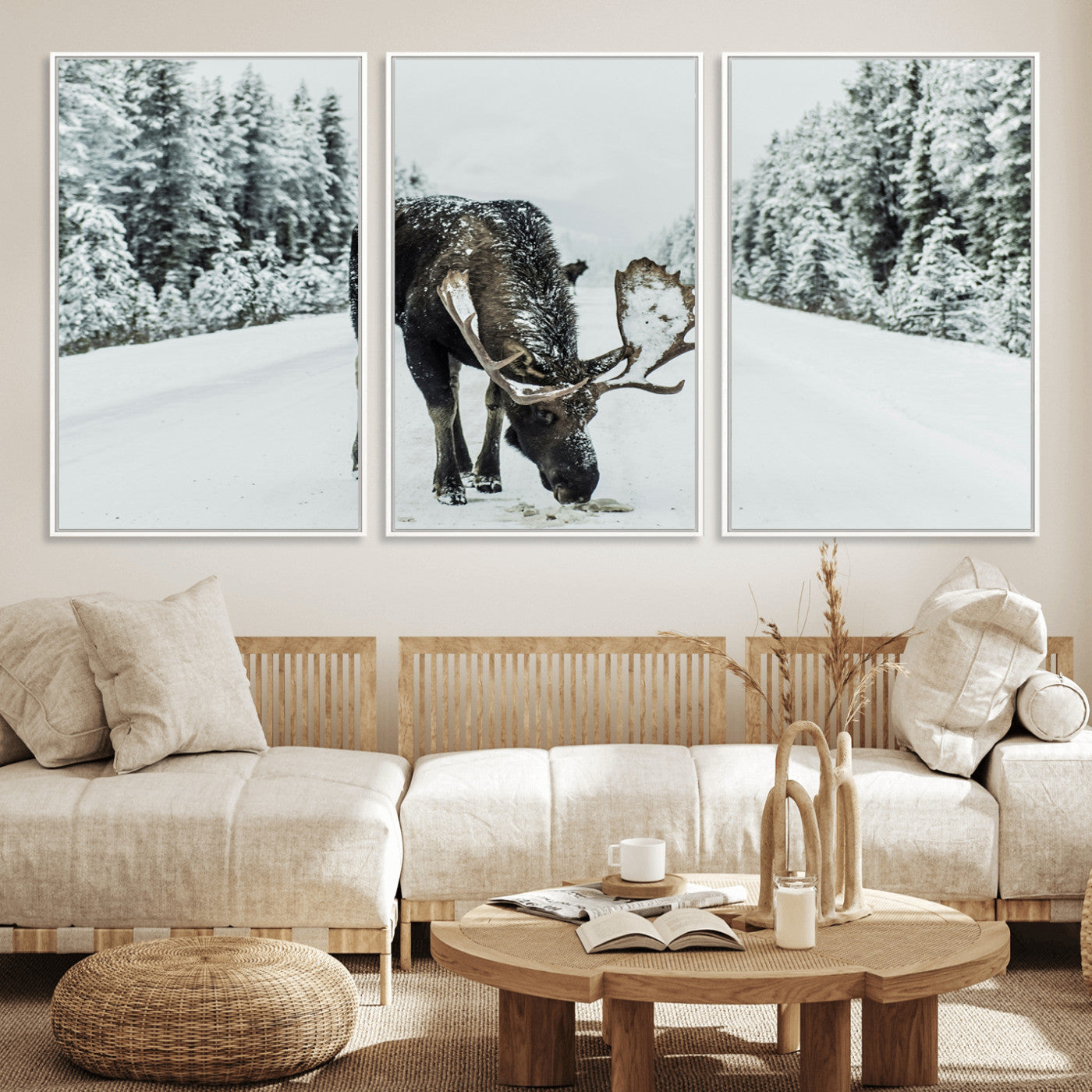 13316292-MGV-FC-60X30-3P_White-Moose Snow Wall Art Canvas Print – Framed Winter Wildlife Snowy Forest Nature Scene Artwork for Home, Office, Living Room