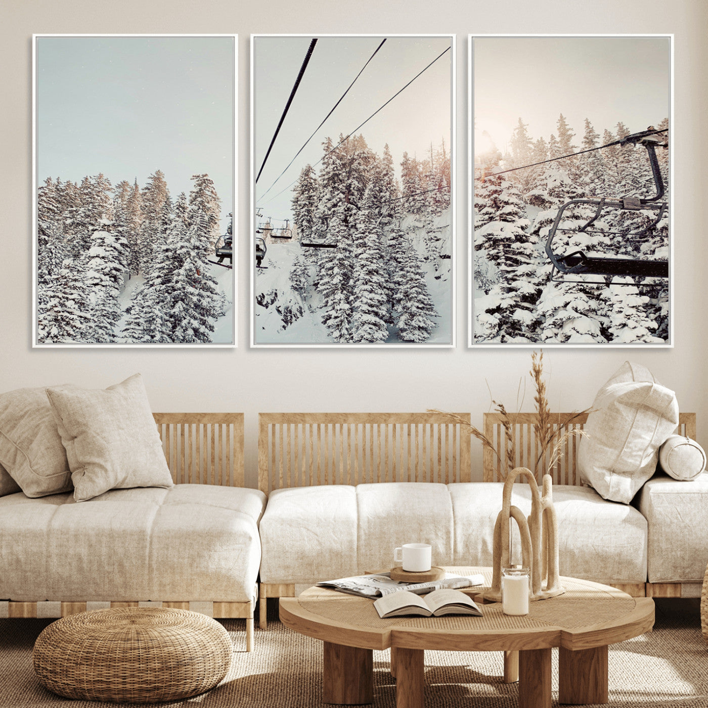 91534512-MGV-CV-36X24-Frosty Pines Wall Art Canvas Print – Framed Cozy Cabin Ski Lift Ride Winter Scene Artwork for Home Office