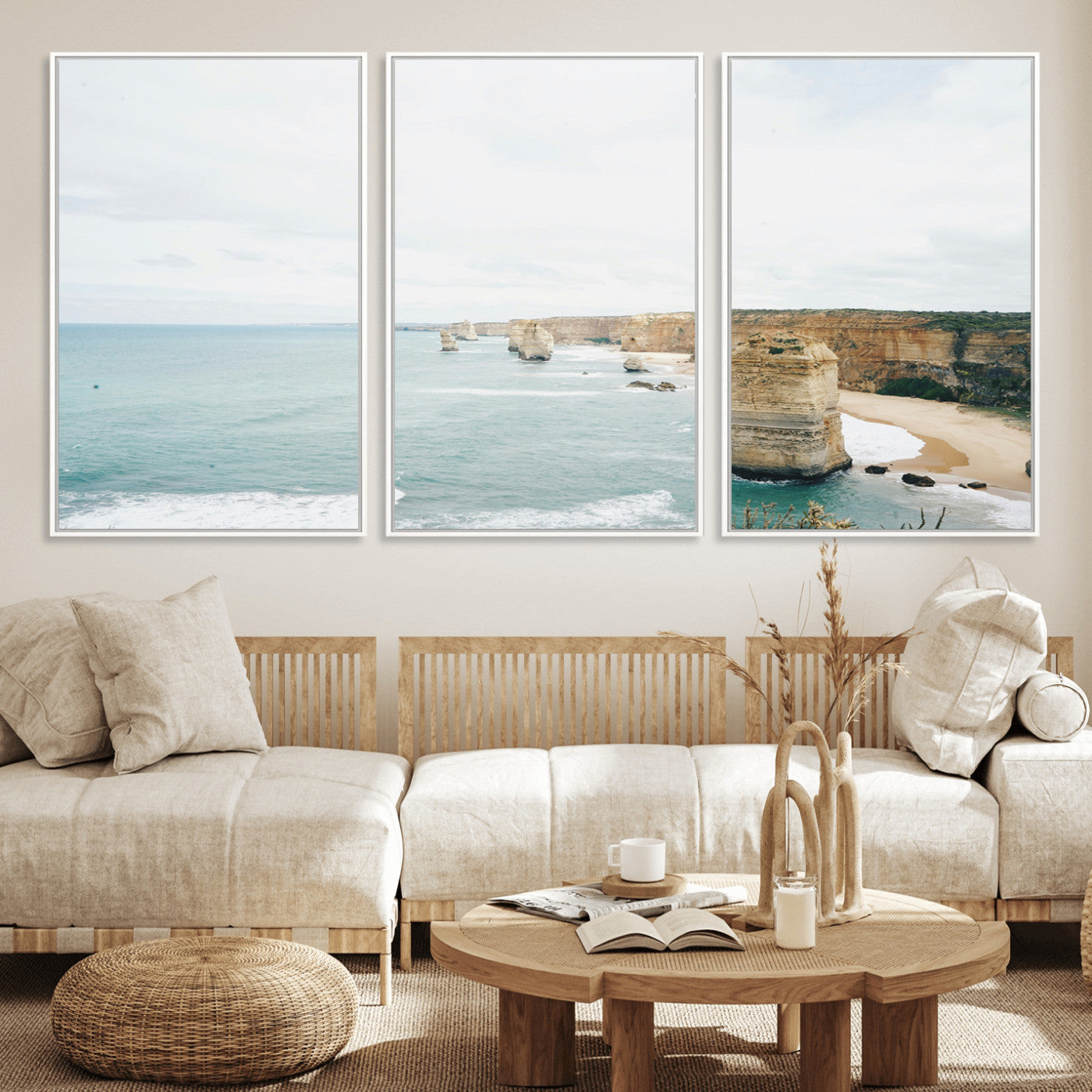 70095633-MGV-FC-60X30-3P_White-Twelve Apostles Wall Art Canvas Print – Framed Coastal Cliffs Rugged Rock Formations Artwork for Home Office