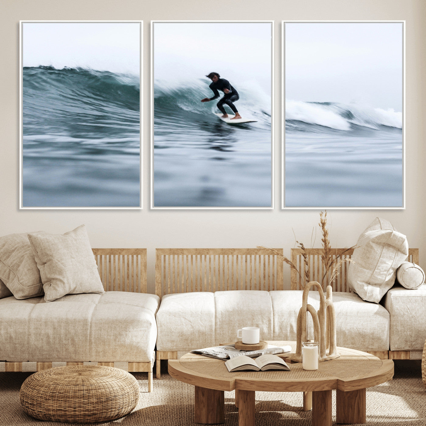11693607-MGV-FC-60X30-3P_White-Surfer on Wave Wall Art Canvas Print – Framed Ocean Adventure Motion Blur Water Coastal Action Artwork for Home, Office