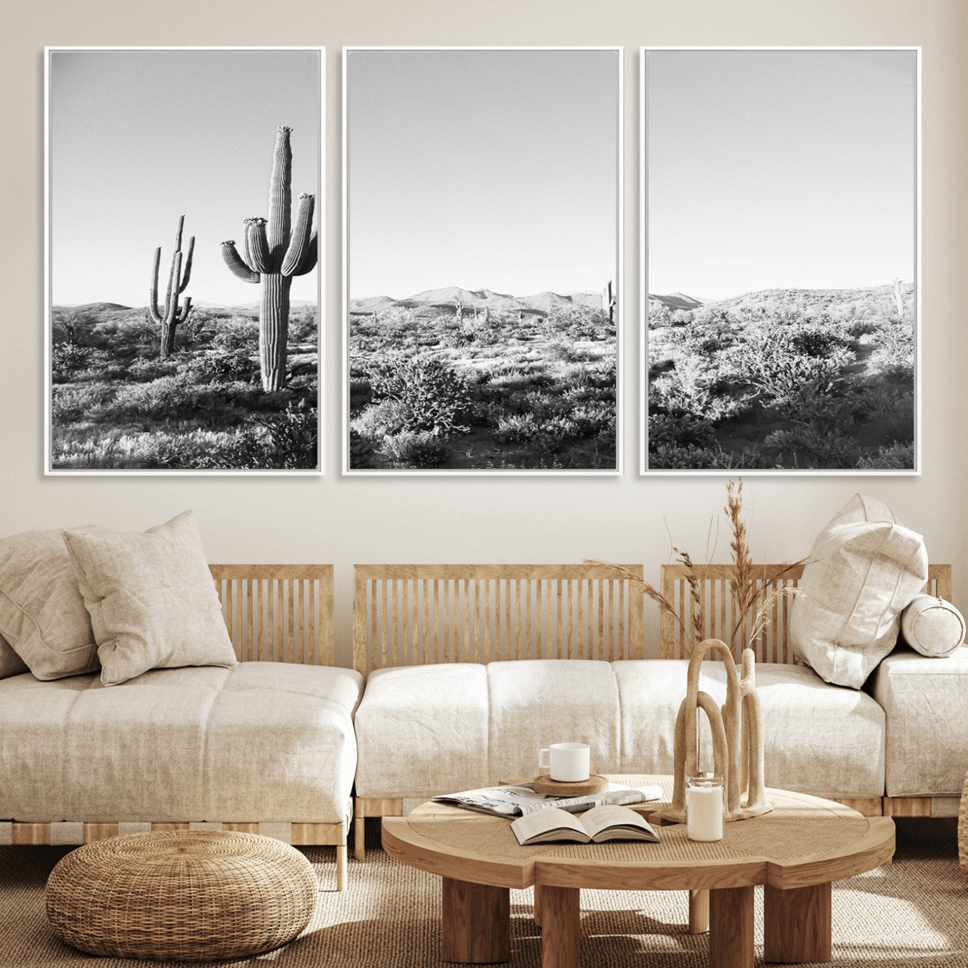 85205054-MGV-FC-60X30-3P_White-Saguaro Cactus Wall Art Canvas Print – Framed Monochrome Landscape Scenic Arizona Minimalist Western Artwork for Home, Office