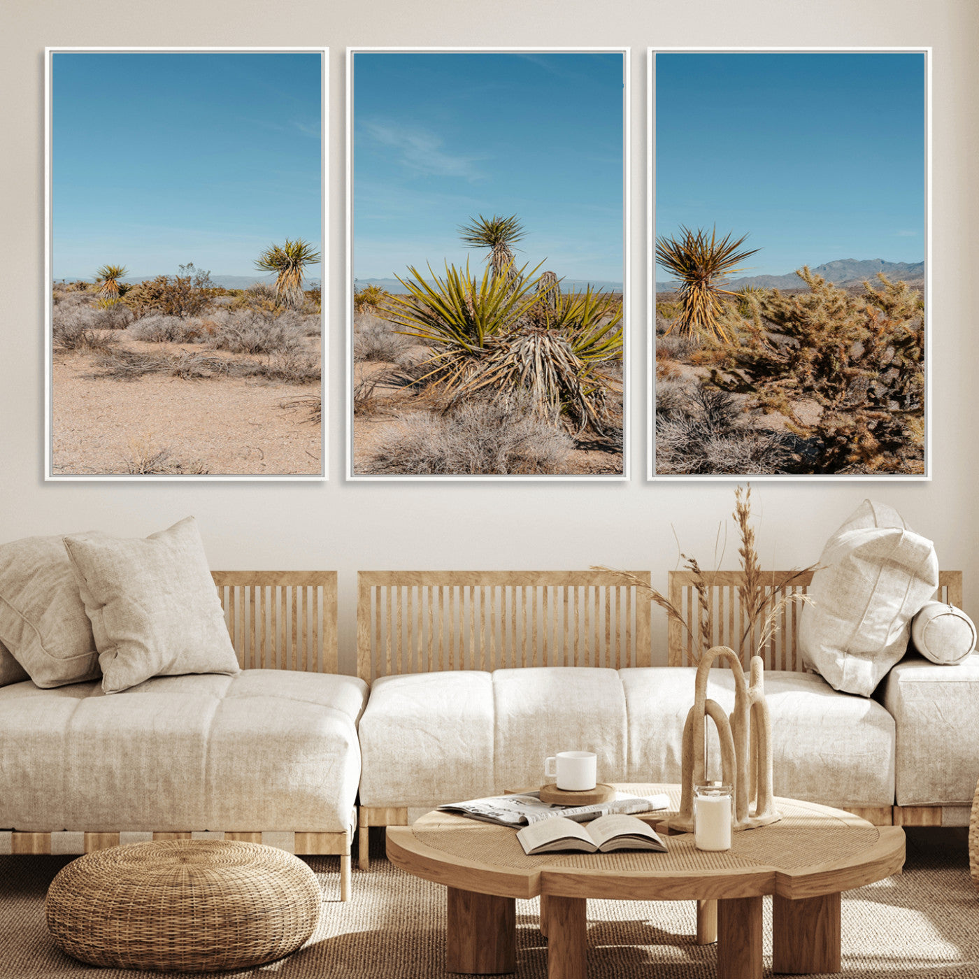 35156165-MGV-FC-60X30-3P_White-Joshua Tree Wall Art Canvas Print – Framed Desert Landscape Warm Earth Tones Southwestern Minimalist Artwork for Home, Office