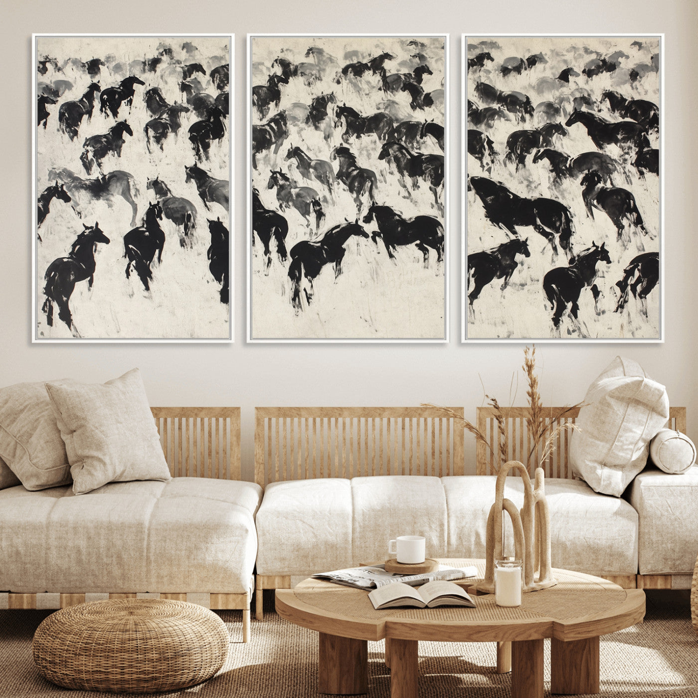 29265745-MGV-FC-60X30-3P_White-Wild Horse Stampede Wall Art Canvas Print – Monochrome Running Horses Dynamic Motion Elegant Scene Artwork for Home, Office