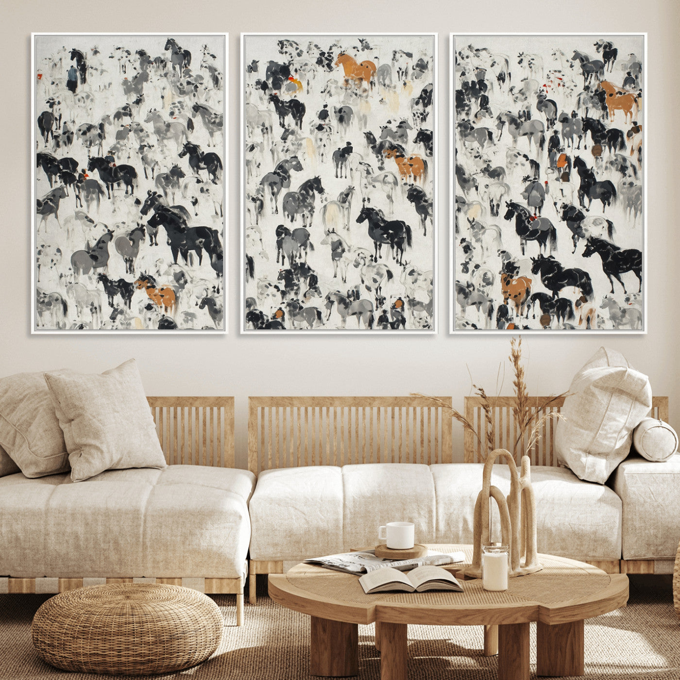 56463722-MGV-FC-60X30-3P_White-Wild Horse Stampede Wall Art Canvas Print – Monochrome Running Horses Dynamic Motion Elegant Scene Artwork for Home, Office