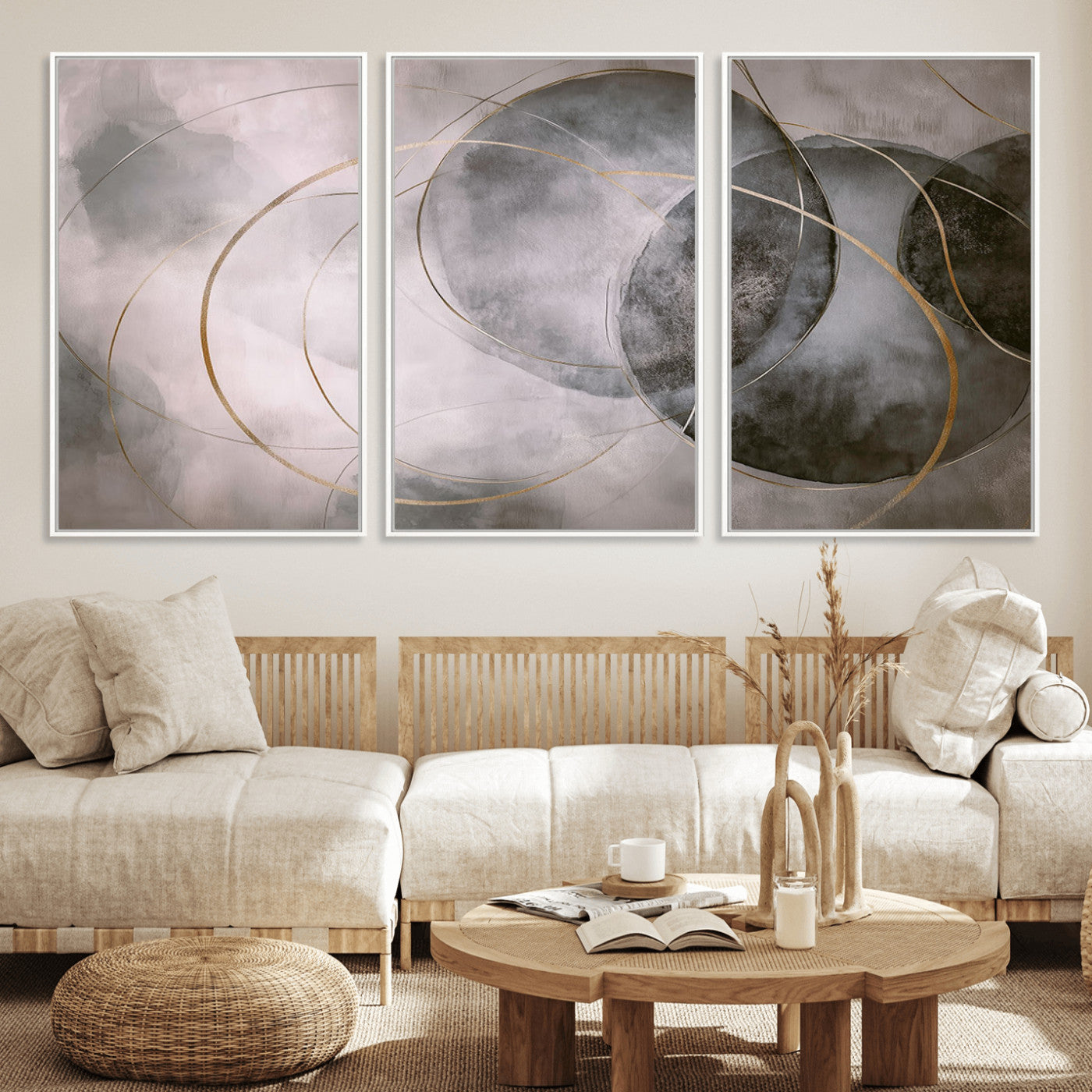 20066876-MGV-FC-60X30-3P_White-Abstract Grey Gold Circle Wall Art – Modern Geometric Canvas Artwork, Minimal Elegant Design, Luxury Wall Decor for Home, Office