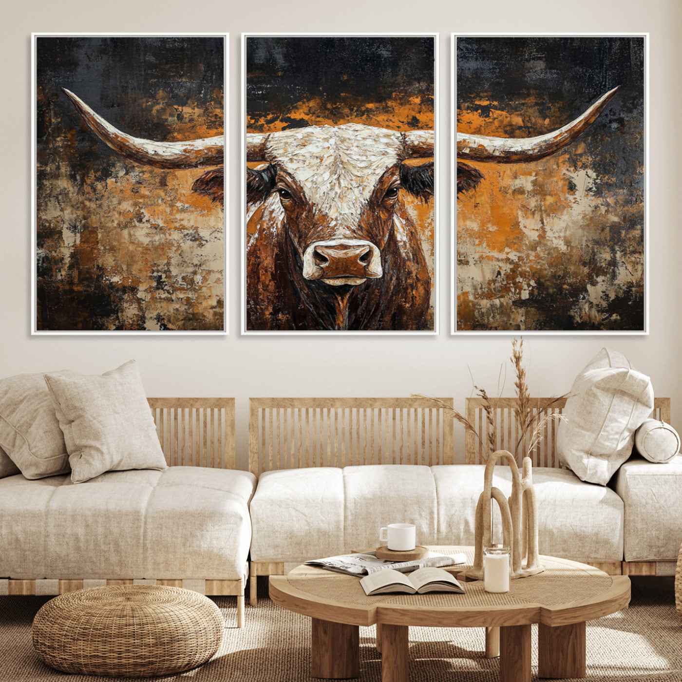 25265572-MGV-FC-60X30-3P_White-Rustic Longhorn Bull Wall Art Canvas Print – Vintage Western Cattle Scene, Texas Steer Artwork for Home, Office