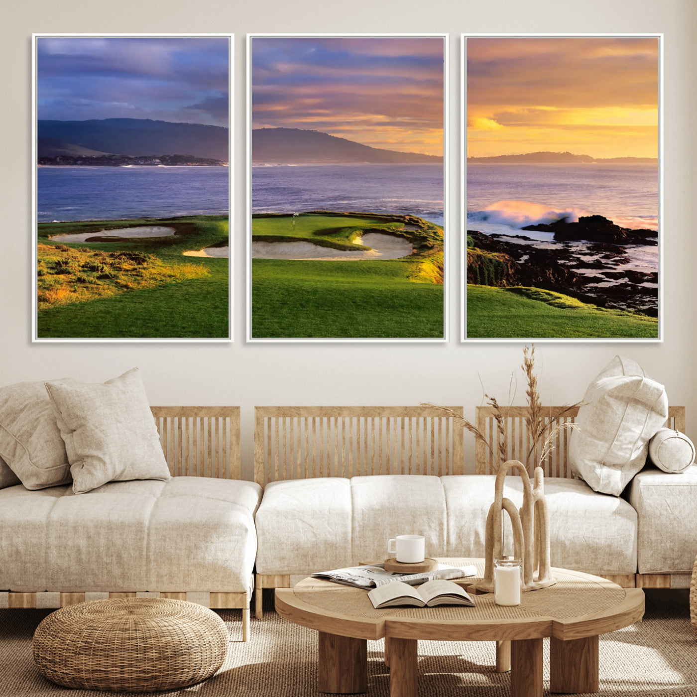 73699248-MGV-FC-60X30-3P_White-Pebble Beach Golf Wall Art Canvas Print – Iconic Coastal Golf Course Artwork for Home, Office, Living Room