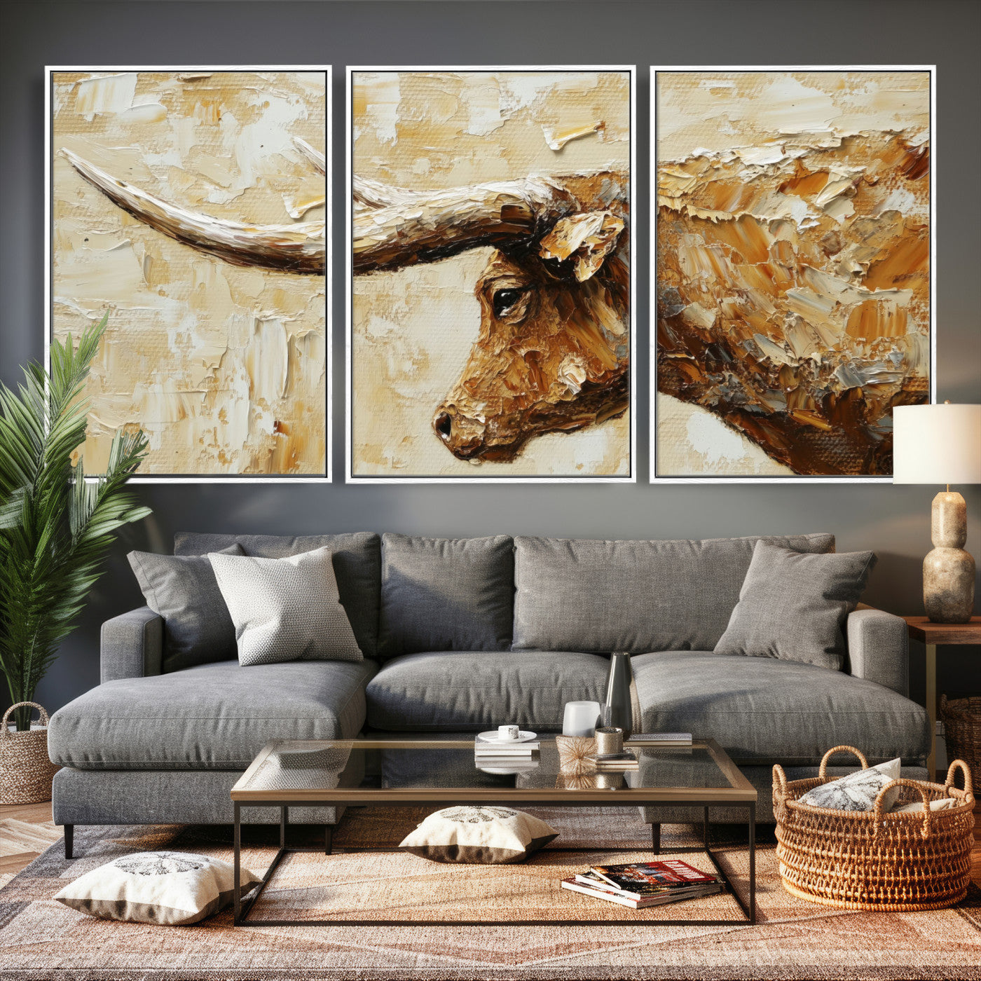 69611428-MGV-CV-36X24 - Rustic Longhorn Bull Wall Art Canvas Print – Vintage Western Cattle Painting, Texas Abstract Wall Cow Prints