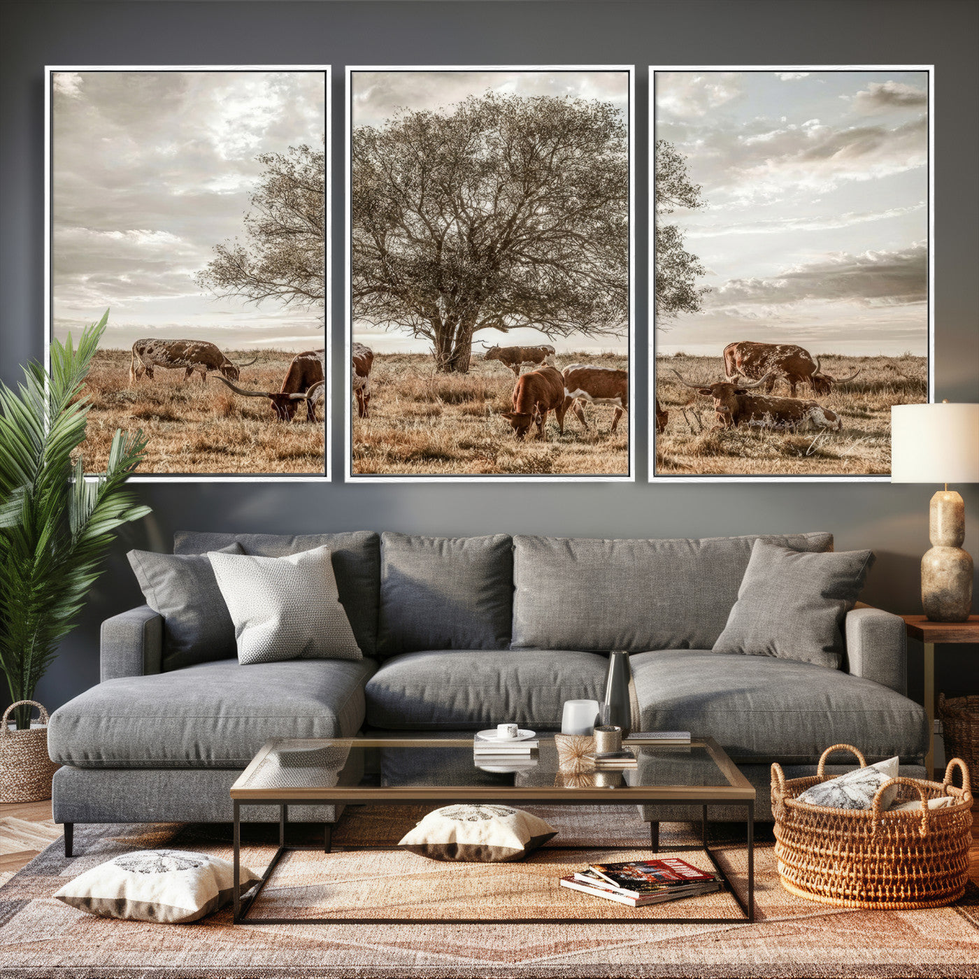 87590224-MGV-CV-36X24 - Texas Longhorn Cattle Wall Art Canvas Print – Rustic Western Ranch Scene with Steers at Sunset, Perfect for Farmhouse or Cowboy Decor