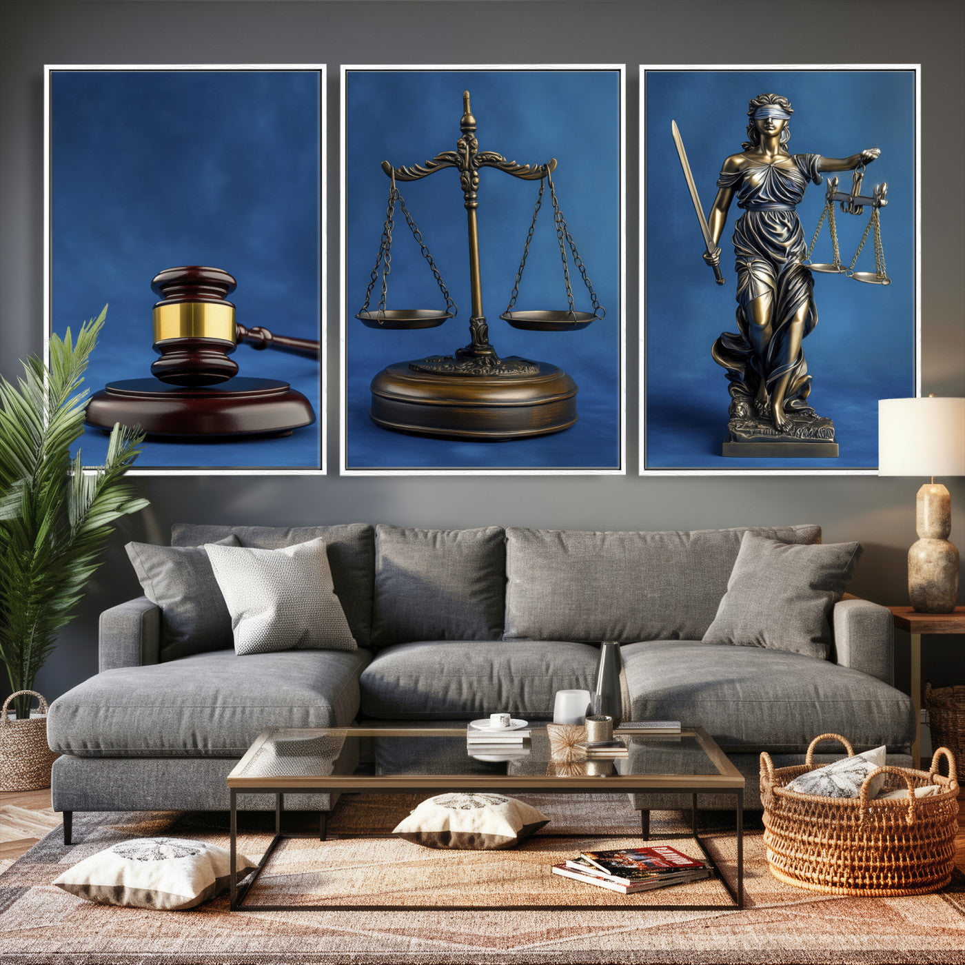 27565987-MGV-CV-60X30-3P - Legal Justice Wall Art Canvas – Gavel, Scales & Lady Justice with Courtroom Canvas Print for Law Office or Lawyer Gifts