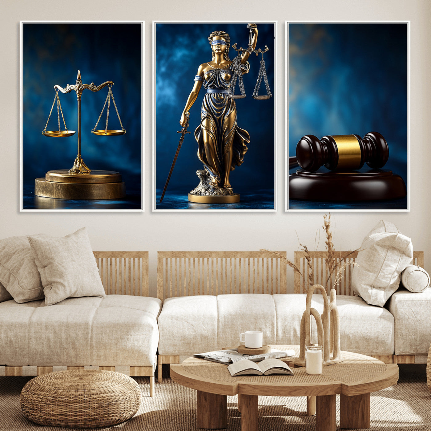 33888279-MGV-FC-60X30-3P_White-Lady Justice Wall Art Canvas Print – Elegant Gold Legal Symbols Blue Background, Perfect for Law