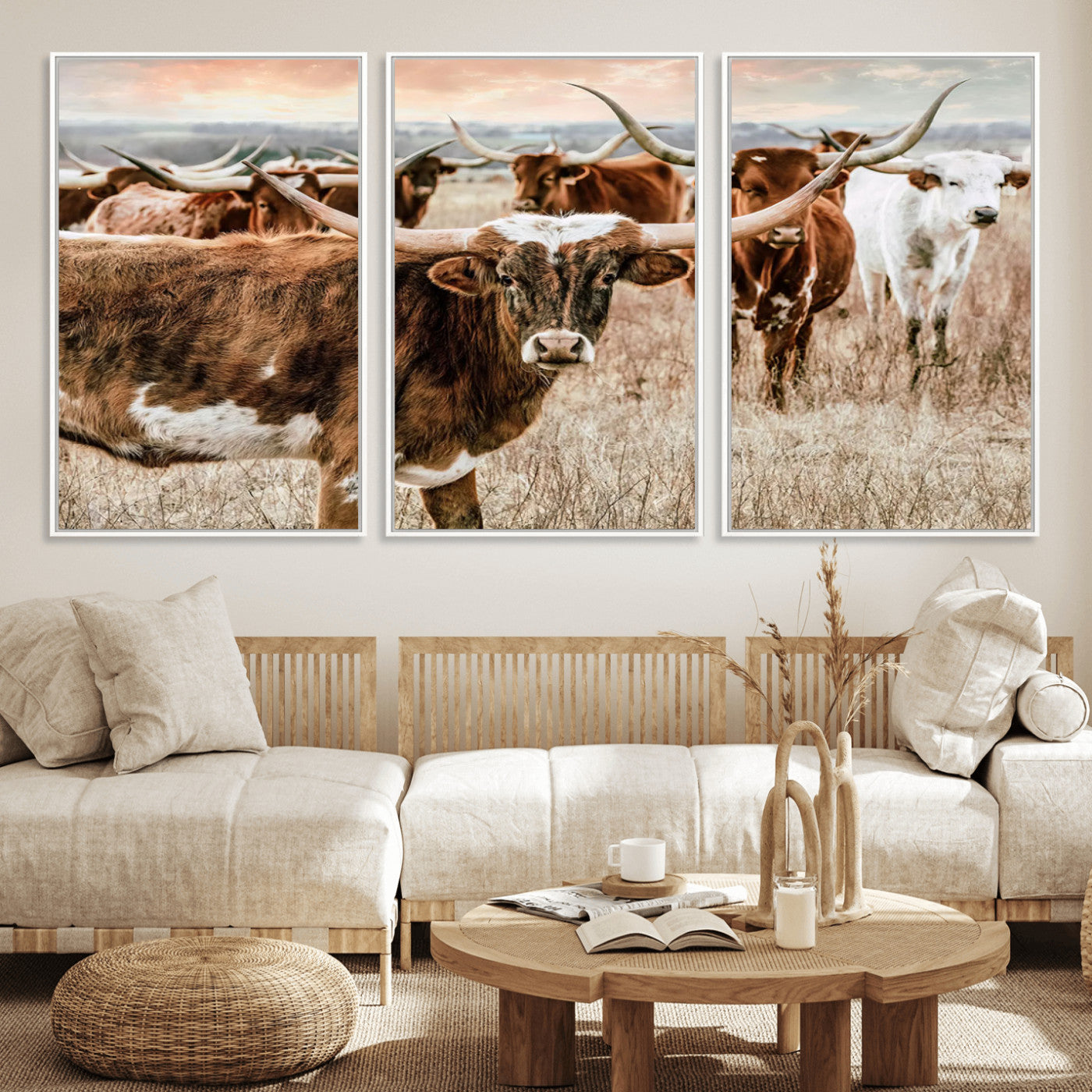 47758300-MGV-FC-60X30-3P_White-Texas Longhorn Cattle Wall Art Canvas Print – Rustic Western Ranch Scene with Steers Sunset for Home, Office