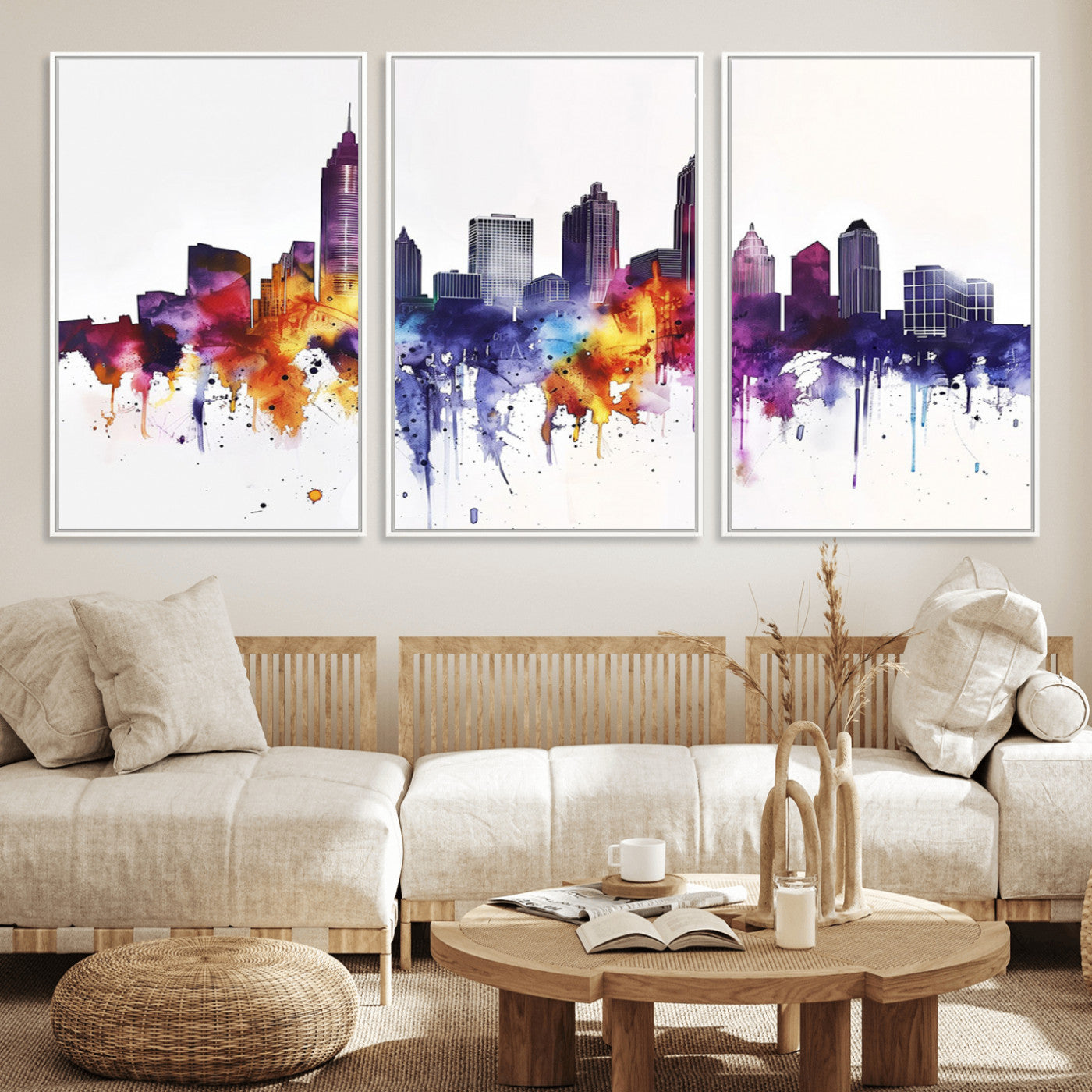 34479880-MGV-FC-60X30-3P_White-Atlanta Skyline Wall Art Canvas Print – Framed Colorful Watercolor Cityscape Artwork for Home, Office, Living Room