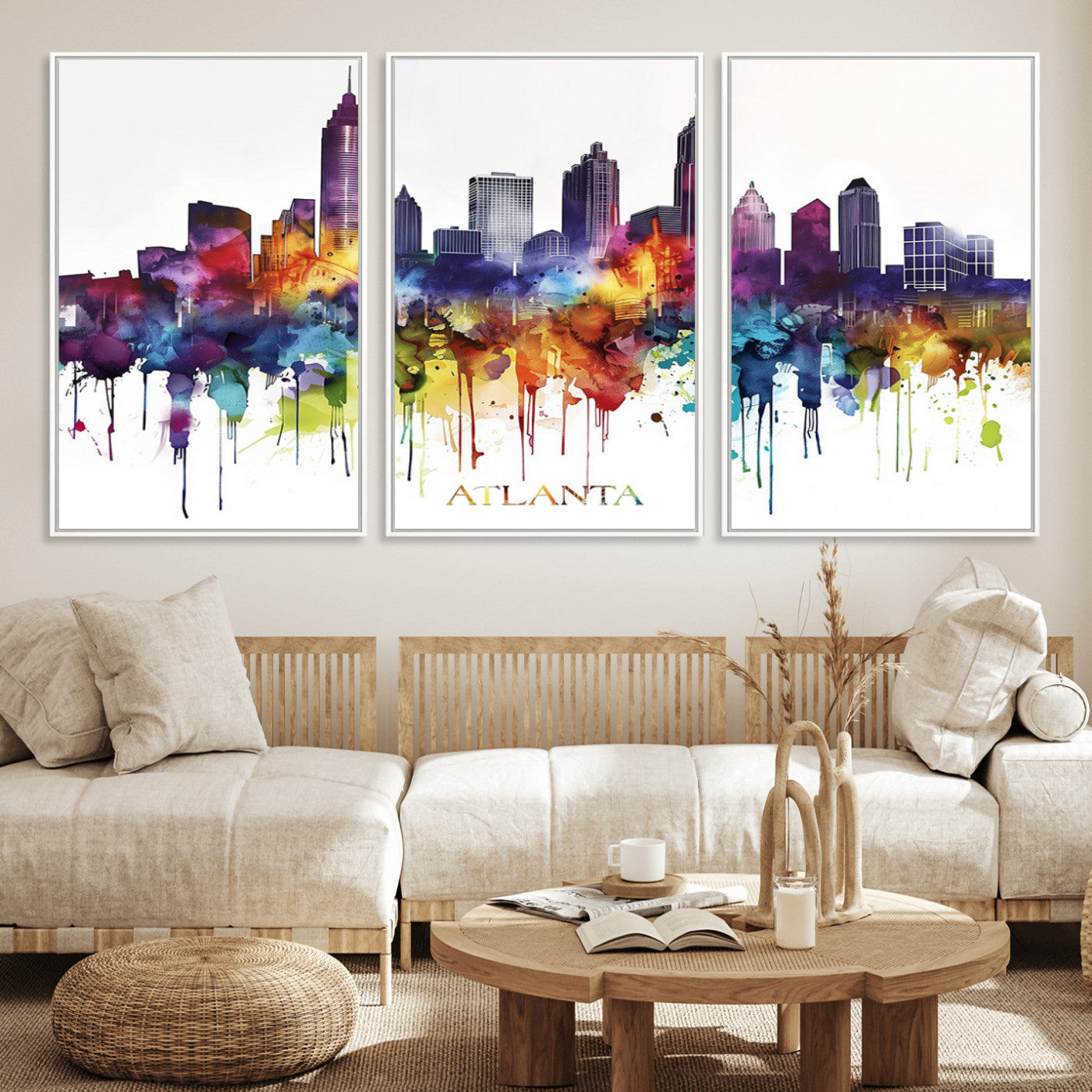 36048320-MGV-CV-36X24-Atlanta Skyline Wall Art Canvas Print – Framed Colorful Watercolor Cityscape Abstract Urban Artwork for Home, Office