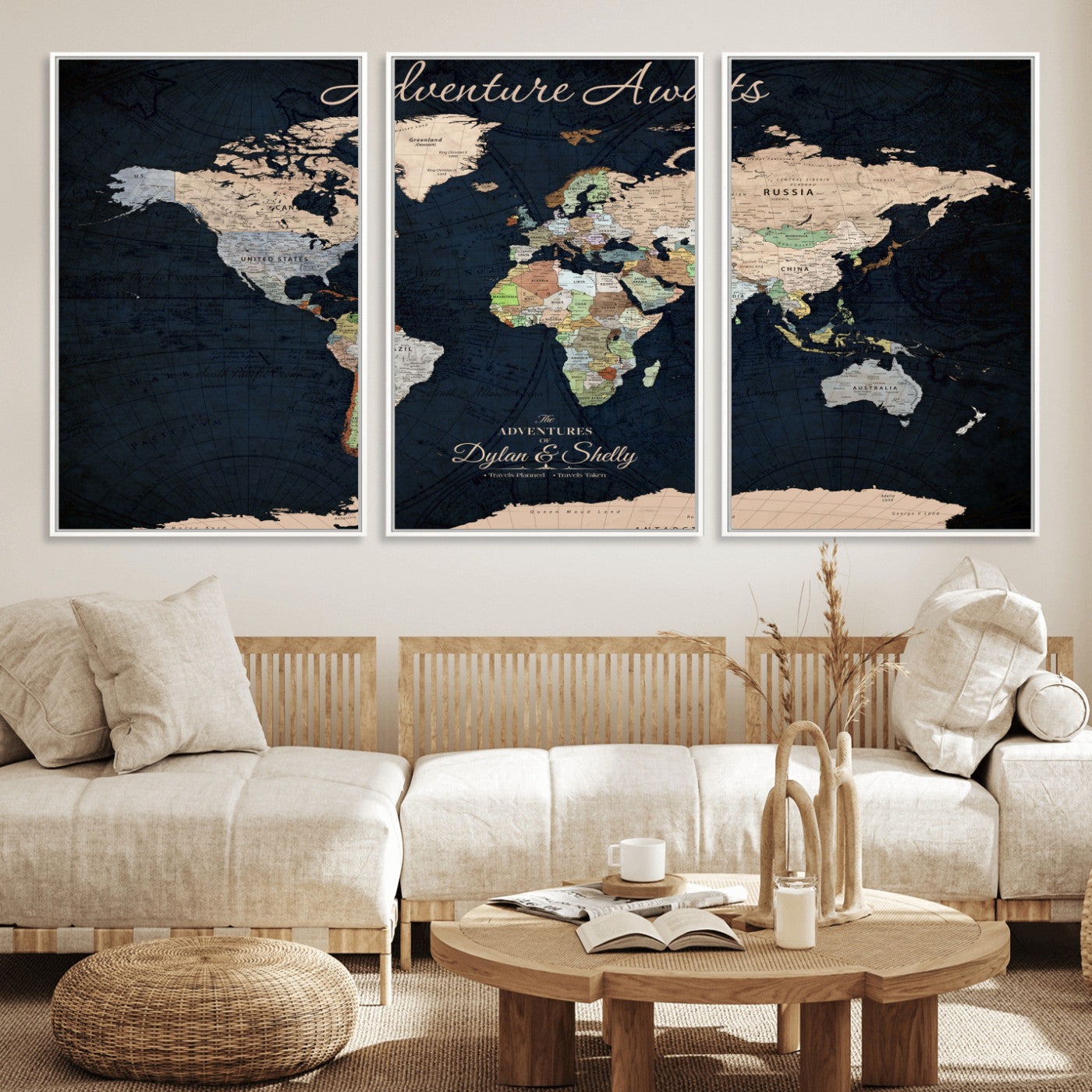 Rehber01-MGV-CV-36X24-Personalized World Map Canvas Print – Framed Push Pin Travel Wall Art for Couples – Adventure & Anniversary Gift