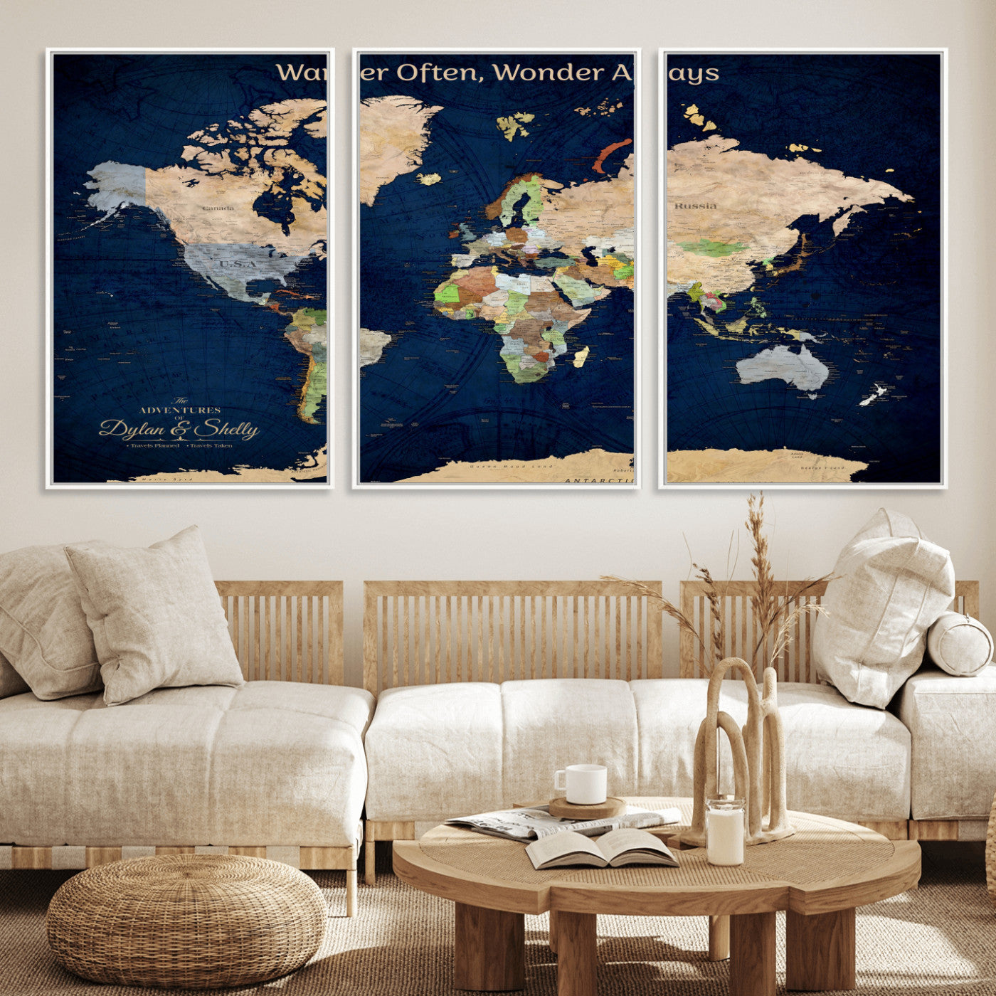 Rehber01-MGV-CV-36X24-Personalized World Map Canvas – Custom Framed Push Pin Travel Map Wall Art, Navy Blue Vintage Gift for Couples and Adventurers