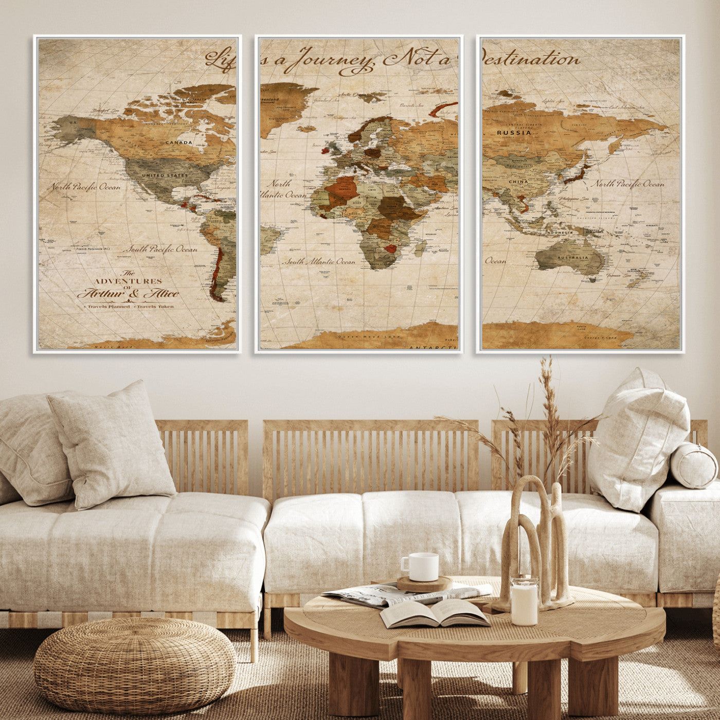 Rehber01-MGV-CV-36X24-Personalized Vintage World Map Canvas – Custom Framed Push Pin Travel Map Wall Art, Rustic Gift for Couples and Travel Lovers