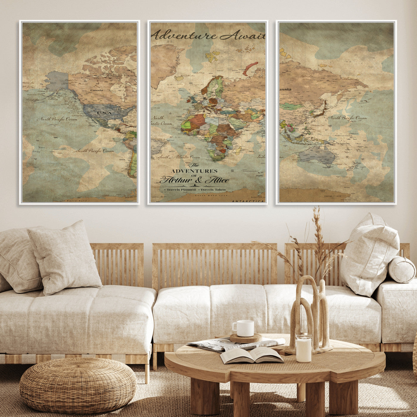 Rehber01-MGV-CV-36X24-Personalized Vintage World Map Canvas Print – Custom Push Pin Travel Map Antique Style Gift for Couples Travelers for Home Office