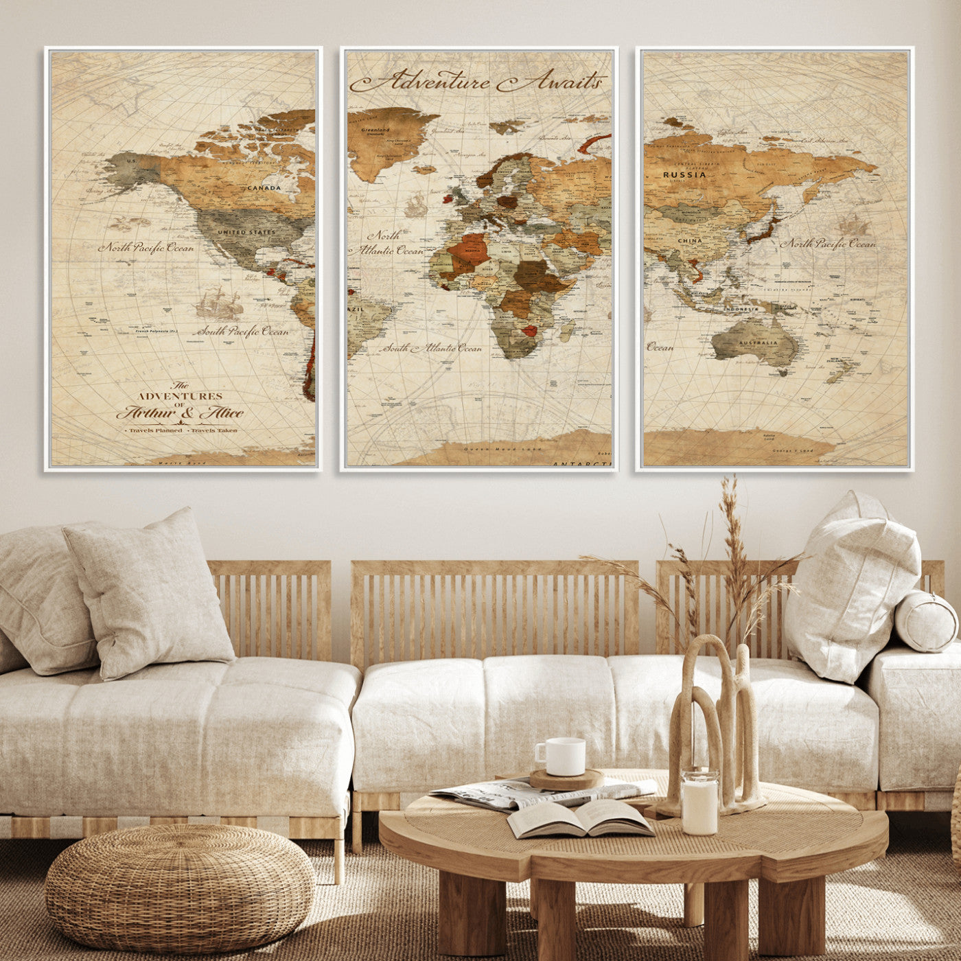Rehber01-MGV-CV-36X24-Customizable Framed World Map Canvas Print – Personalized Push Pin Travel Map Gift for Couples Explorers for Home, Office