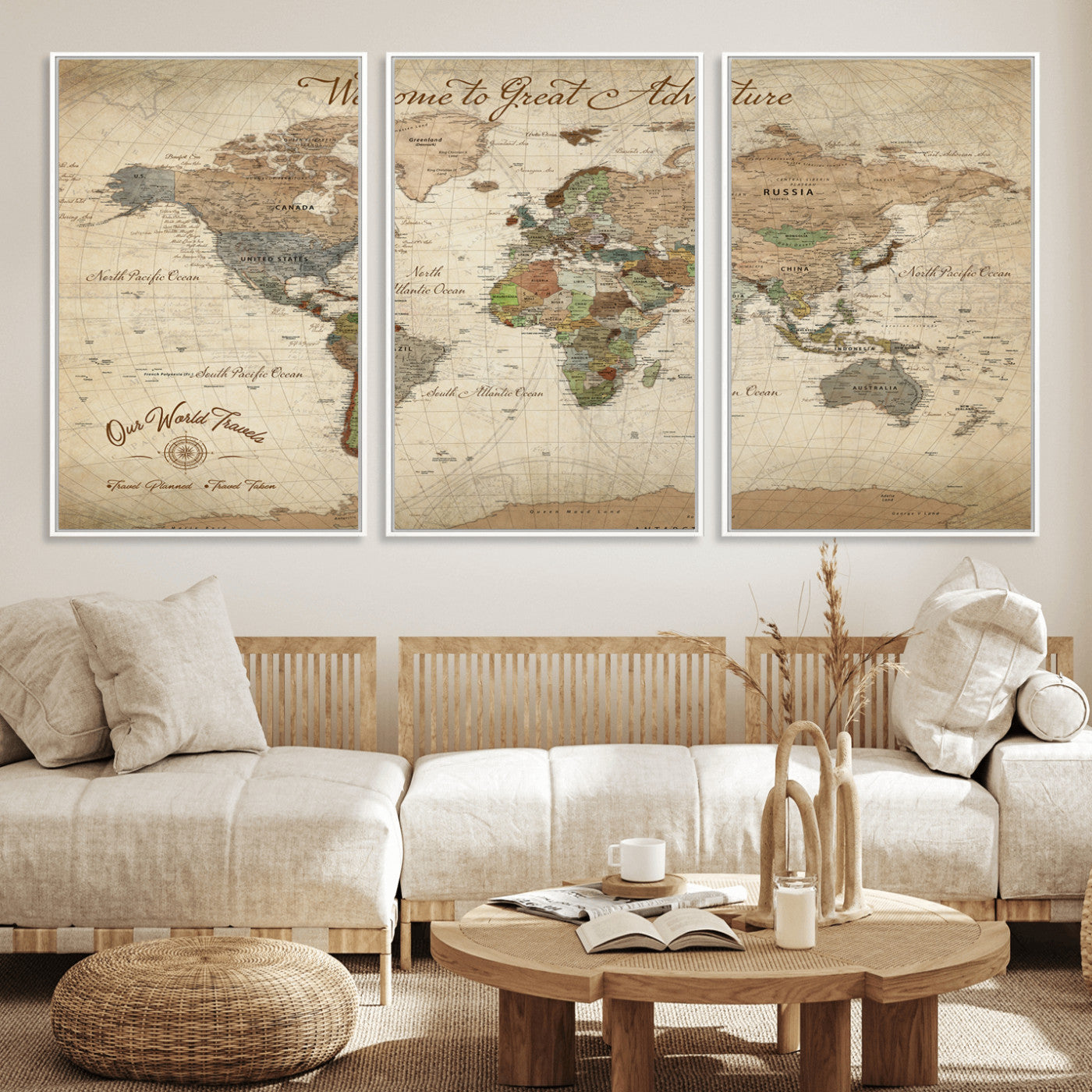 -Personalized Antique World Map Canvas Print – Custom Push Pin Travel Tracker Vintage Adventure Gift for Couples for Home, Office