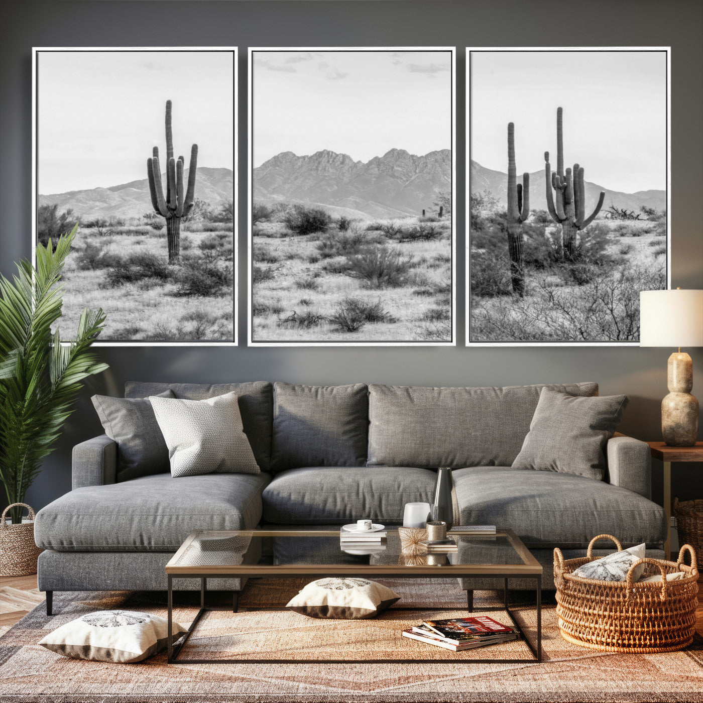 97436PHN-MGV-CV-36X24 - Black White Arizona Desert Canvas Wall Art Cactus Farmhouse Wall Art