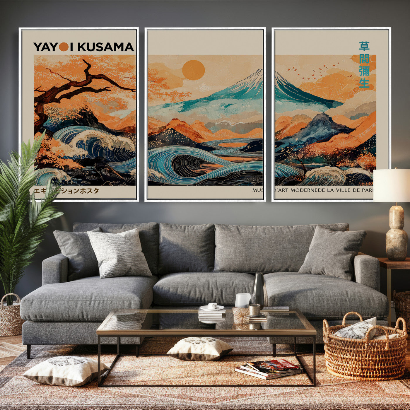 94085549-MGV-CV-36X24 - Yayoi Kusama Japanese Landscape Wall Art Canvas Print – Modern Abstract Mount Fuji Wall Art - Japanese Waves & Autumn Trees Print