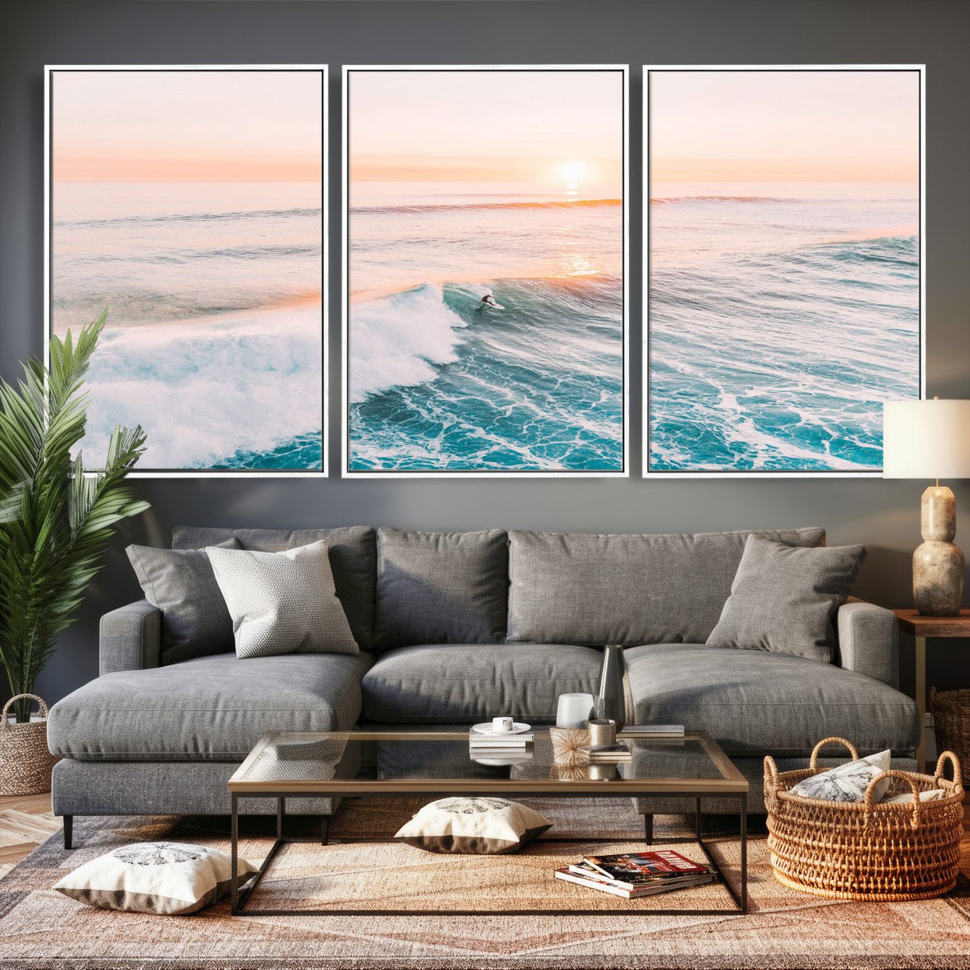 34064591-MGV-CV-36X24 - Sunset Surfing Wall Art Canvas Print, Ocean Wave Surfer with Golden Sky Artwork for Home, Office, Living Room