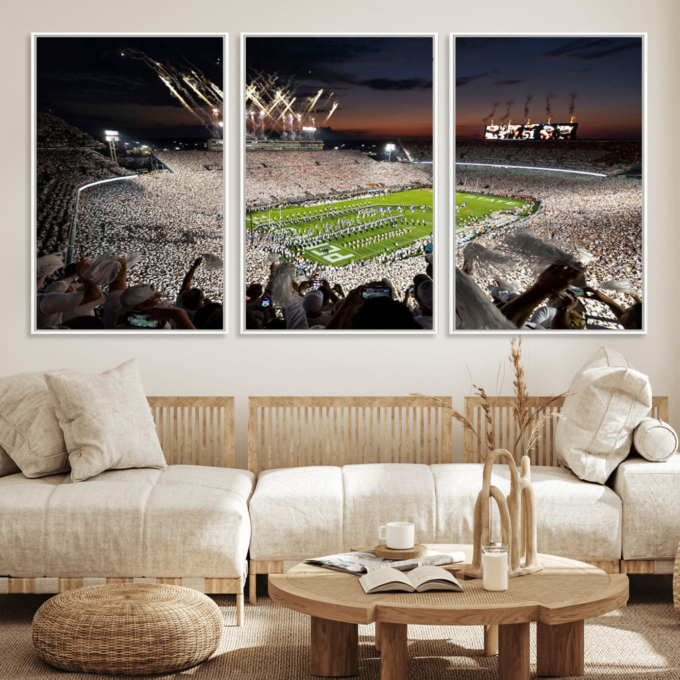 11221988-MGV-FC-60X30-3P - Epic Night Football Stadium Wall Art Canvas Print, Fireworks and Crowd Energy Game Day Excitement Decor for Home, Office