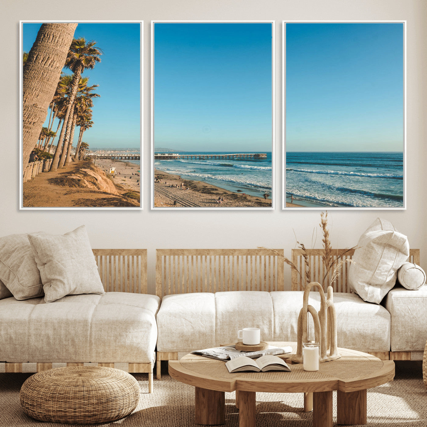 92568259-MGV-CV-36X24-Scenic Beach Wall Art Canvas Print – Tall Palm Trees, Sandy Shore, Long Pier Stretching into Calm Ocean Artwork for Home, Office