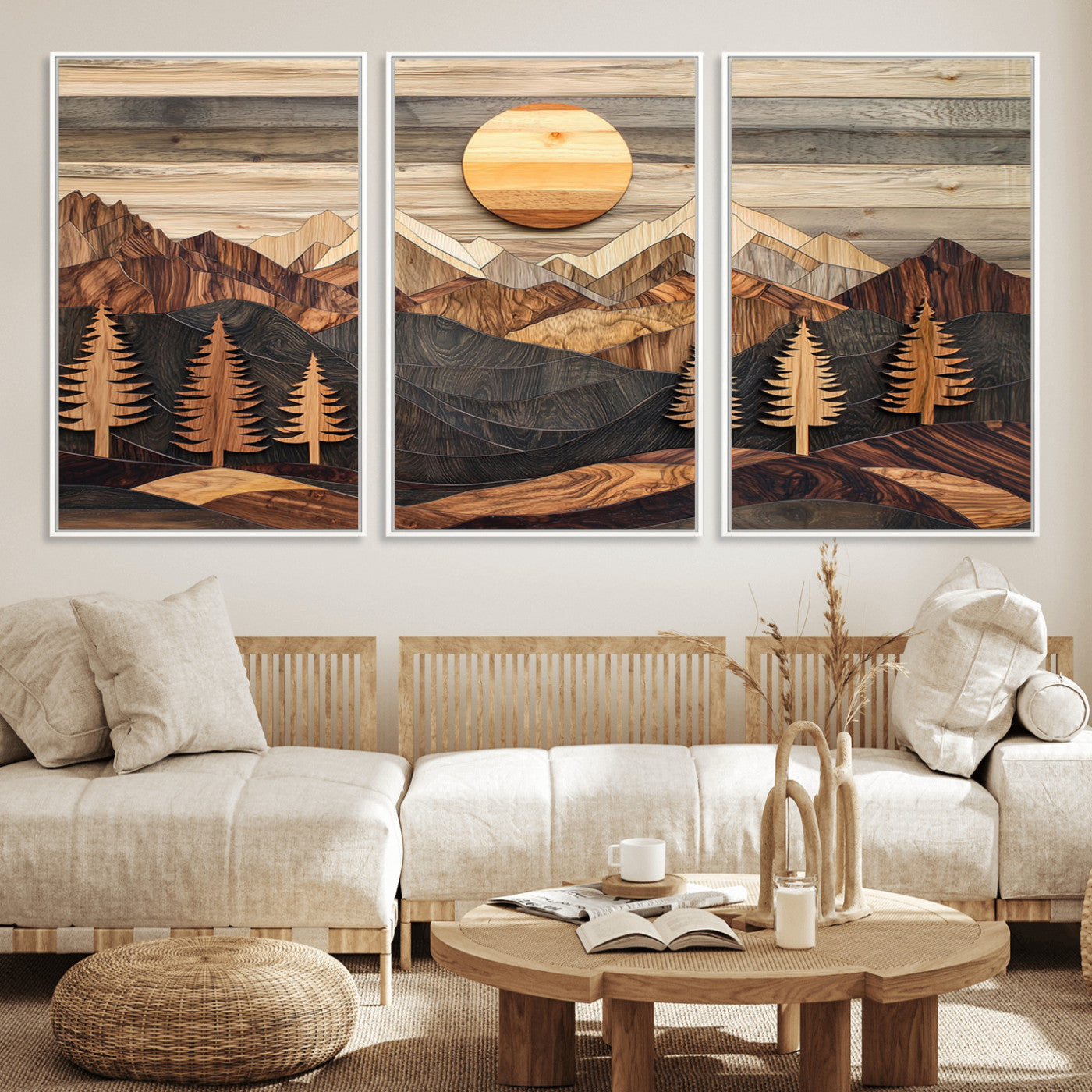 19832326-MGV-FC-60X30-3P - Wooden Mountain Landscape Layered Texture Geometric Shapes Sun Pine Trees Rustic Natural Tones Art