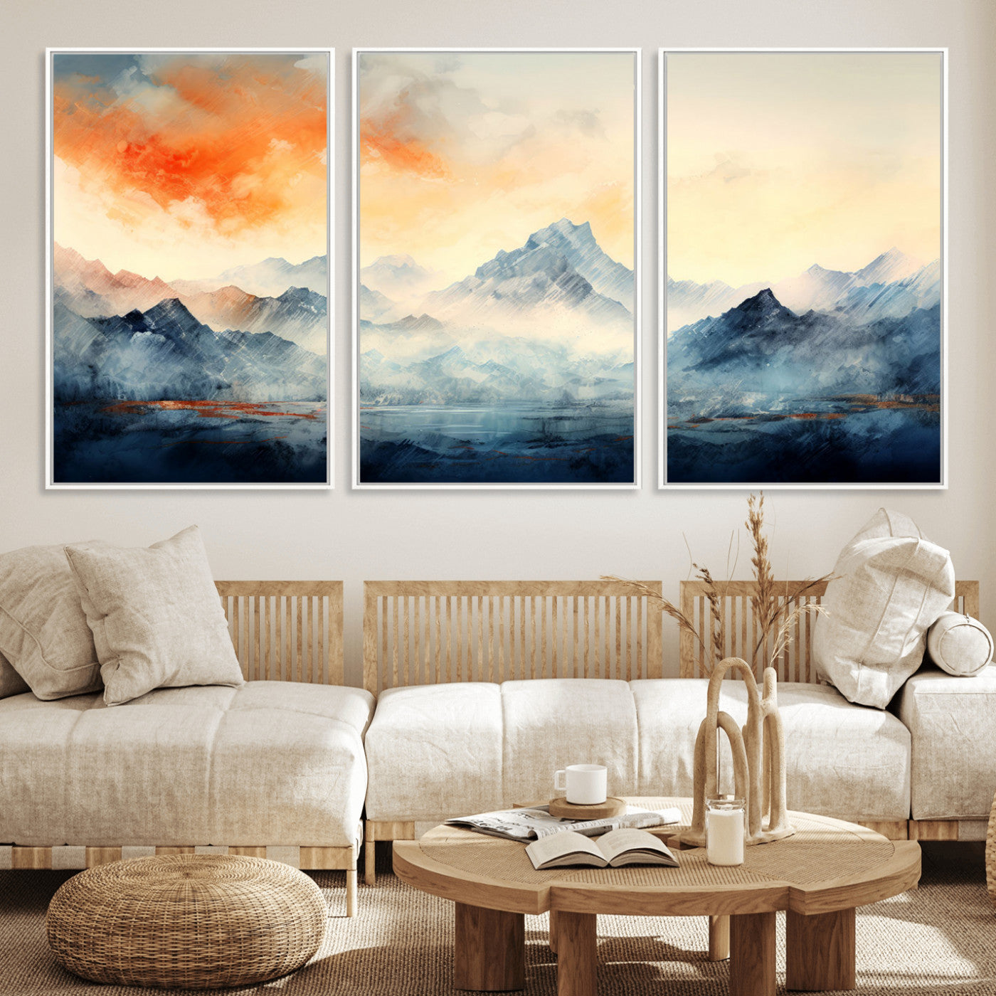 WRM1005-MGV-FC-60X30-3P_White-Warm Clouds Abstract Mountain Wall Art Canvas Print