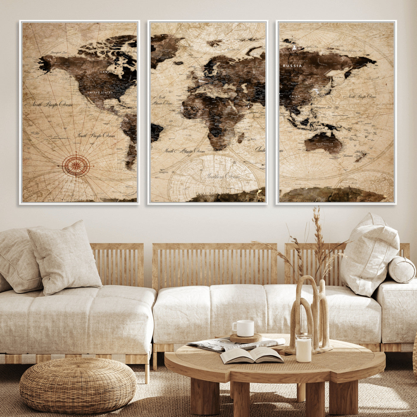 97114757-MGV-FC-60X30-3P - Vintage World Map Wall Art Canvas Print, Modern Decorative Framed Map Artwork Prints for Living Room, Office, Bedroom Wall Decor