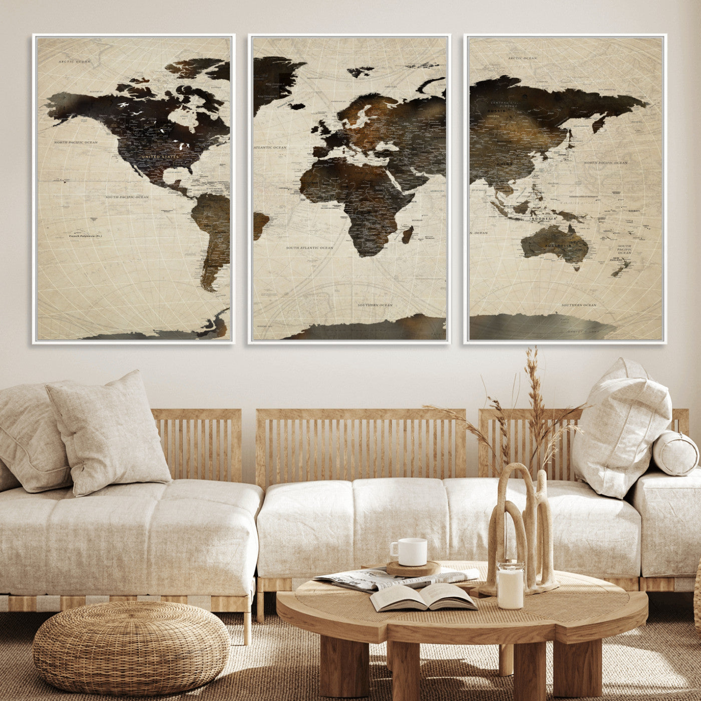 81771296-MGV-FC-60X30-3P - World Map Wall Art Canvas Print, Modern Decorative Framed Map Artwork Prints for Living Room, Office, Bedroom Wall Decor