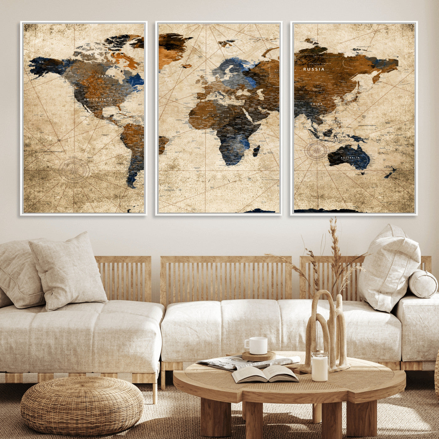 56297284-MGV-FC-60X30-3P - World Map Wall Art Canvas Print, Modern Decorative Framed Map Artwork Prints for Living Room, Office, Bedroom Wall Decor
