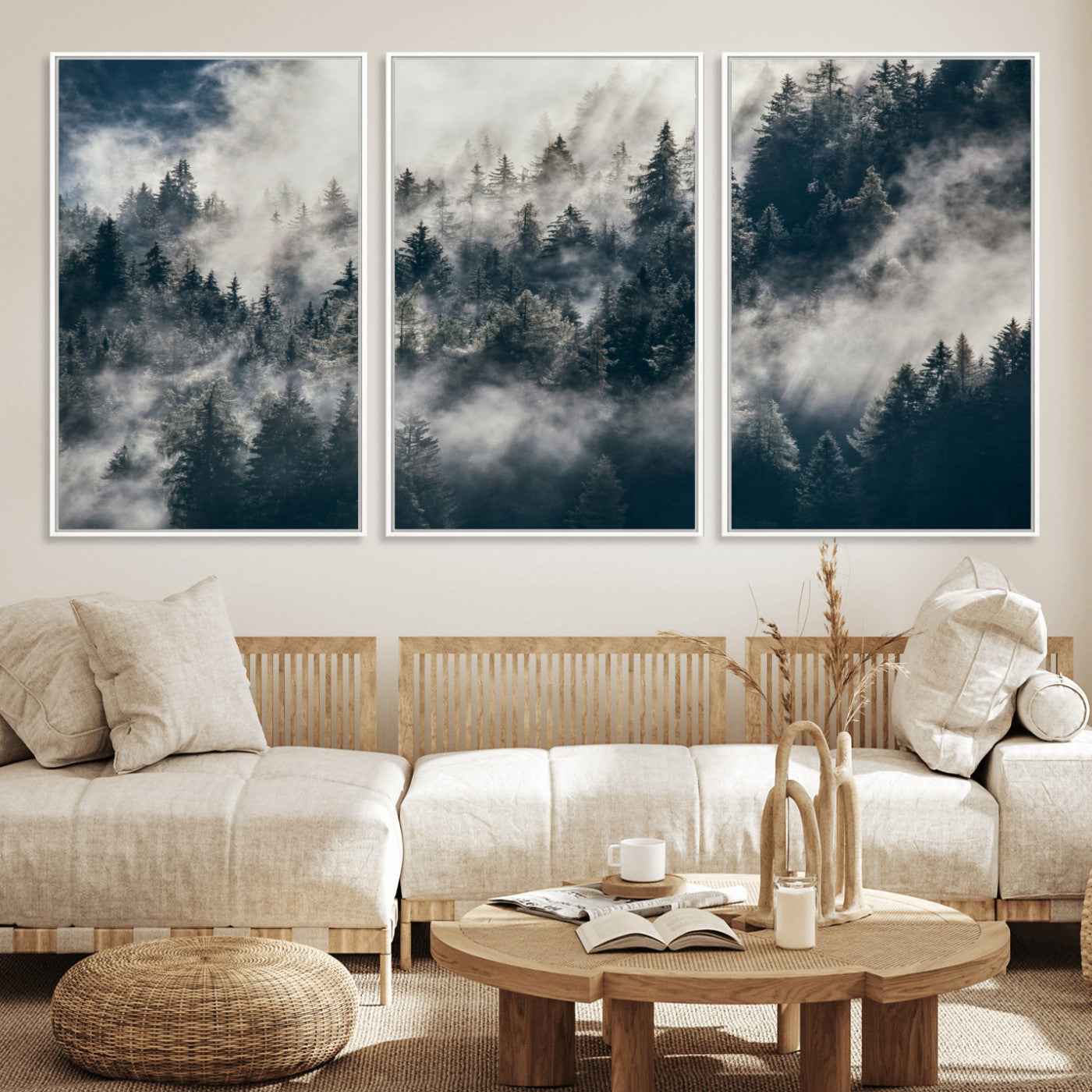 270372951-MGV-FC-60X30-3P - Misty Pine Forest Canvas Wall Art – Dark Forest Mountaing and Nature Landscape Print, Horizontal Canvas Print
