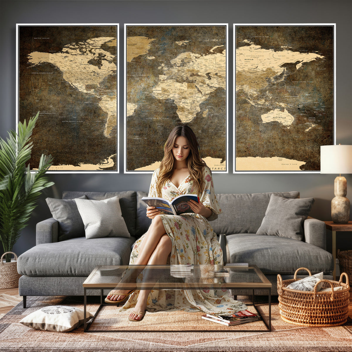 89742472-MGV-CV-36X24 - Large Framed Vintage World Map Wall Art Print for Home Wall