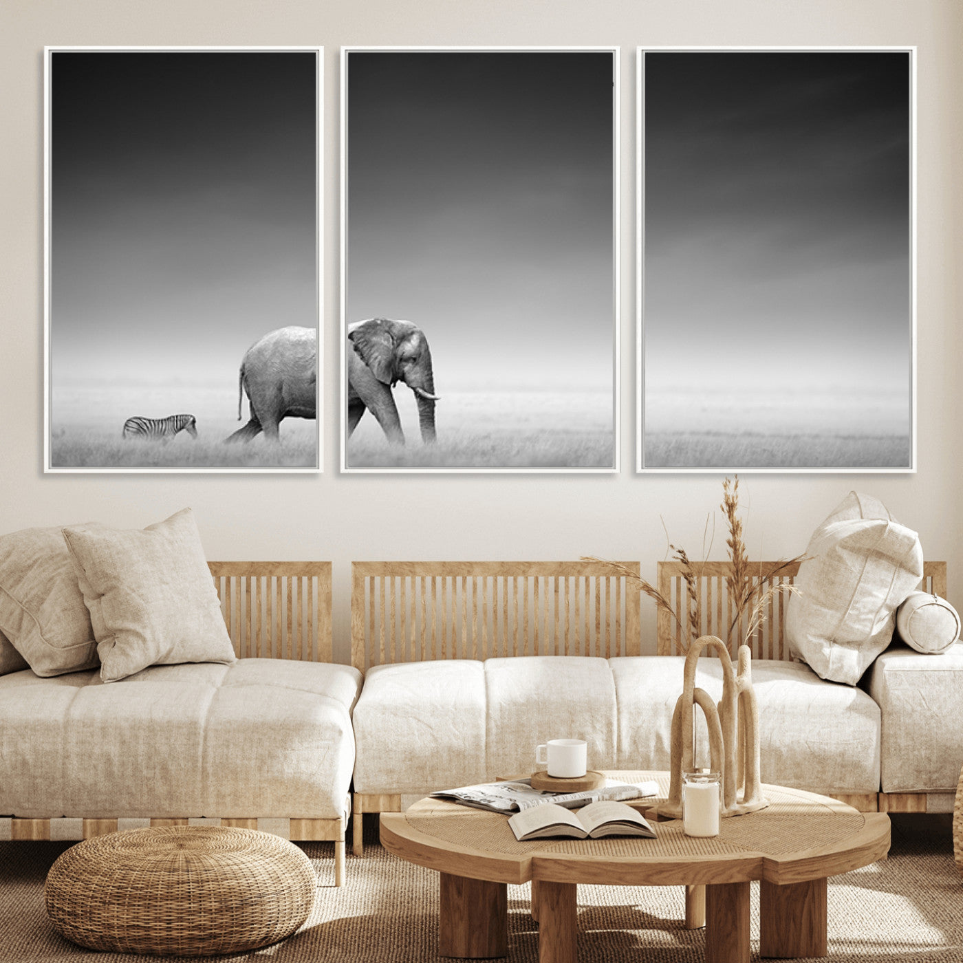 87639-MGV-FC-60X30-3P_White-Elephand and Zebra Wall Art Canvas Print, Modern Artwork
