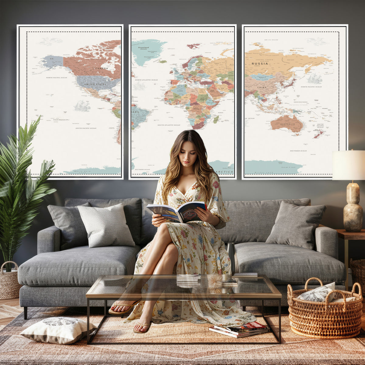 63447567-MGV-CV-36X24 - Pastel Colors World Map Wall Art Canvas Print